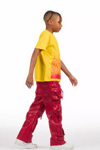 Boys Lenz Red PU Cargo Leather Baggy Fit Jean