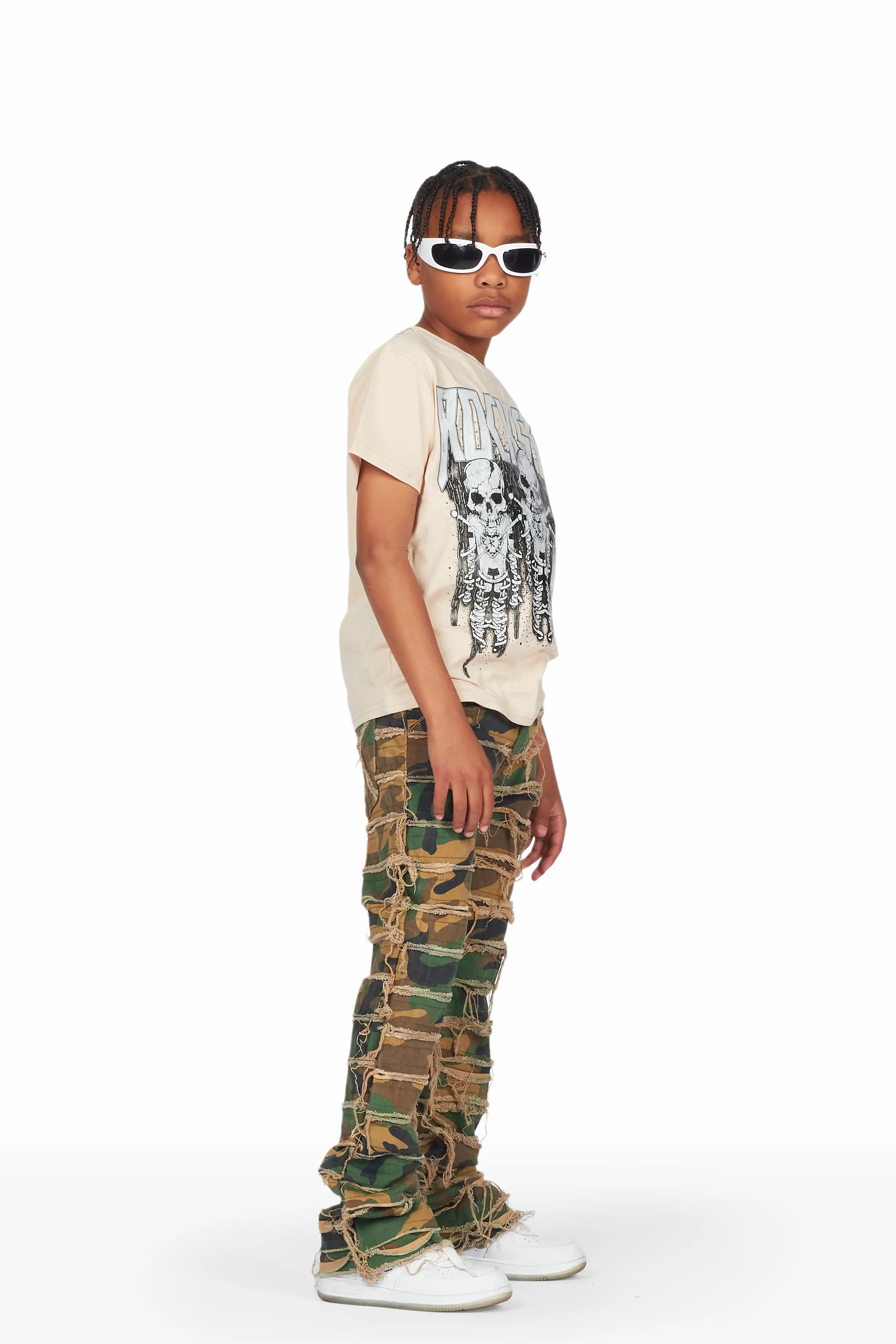 Boys Sabbath Beige/Camo T-Shirt/Stacked Flare Jean Set