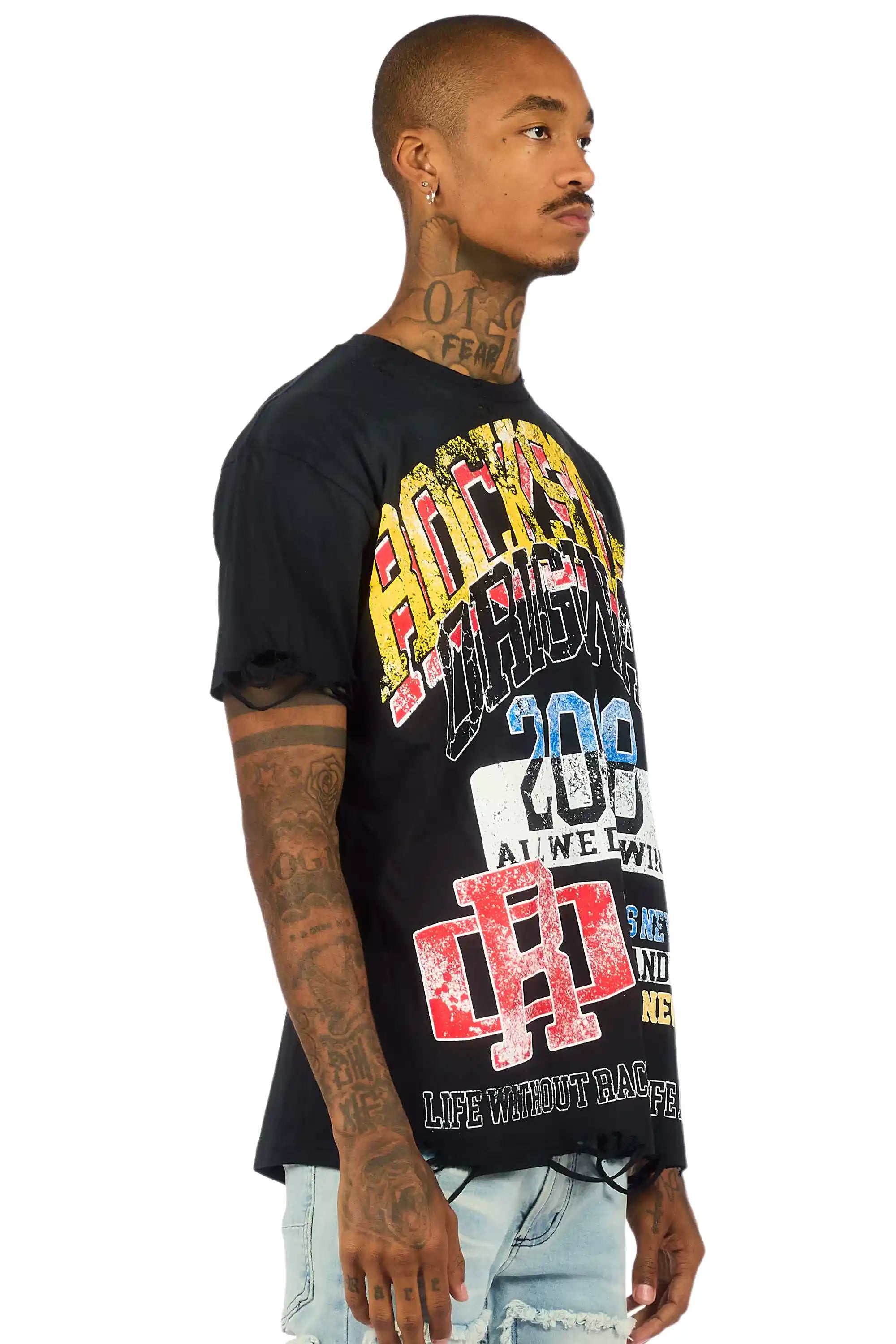 Colorful Race Black Oversized Distressed Graphic T-Shirt