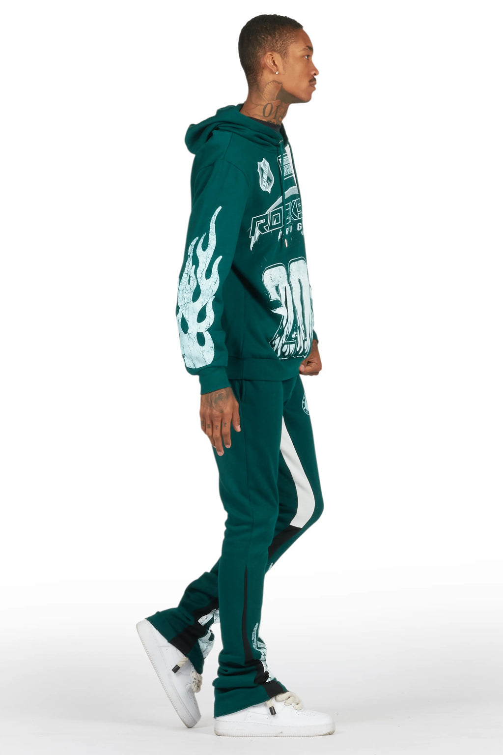 Amos Dark Green Stacked Flare Hoodie Track Set
