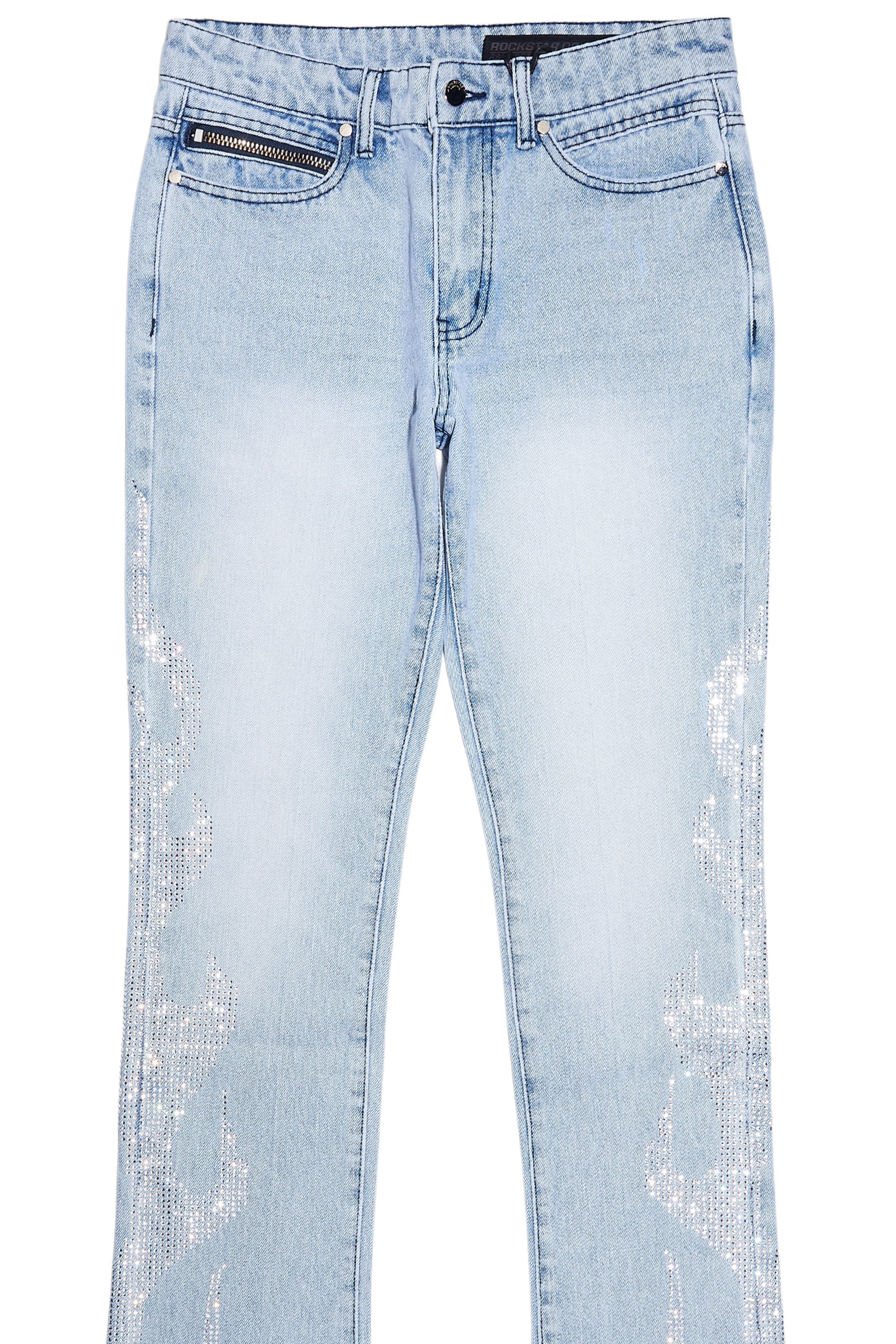 Jian Light Blue Rhinestone Stacked Flare Jean