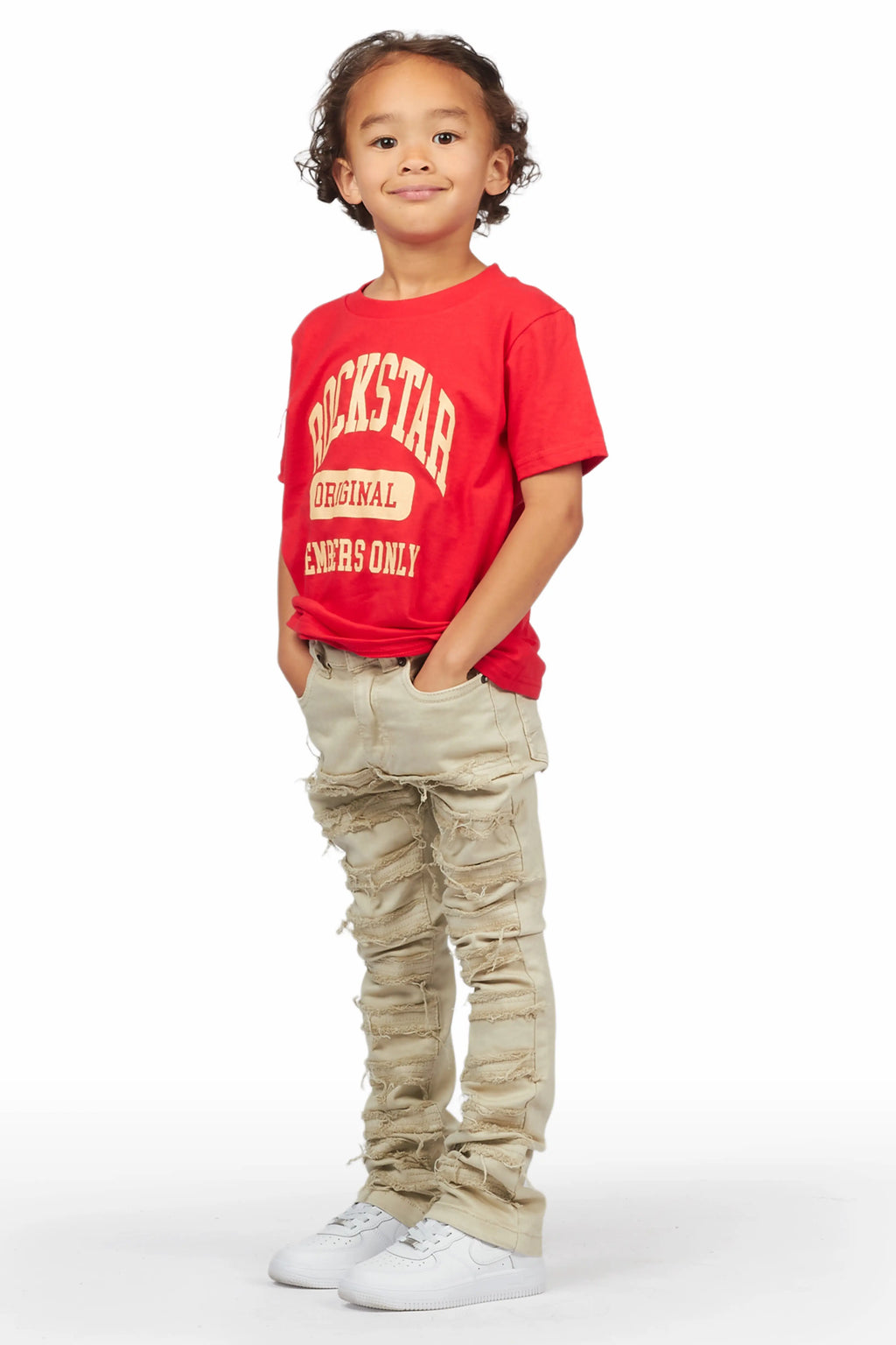Boys Raam Red T-Shirt/Frayed Skinny Stacked Flare Jean Set