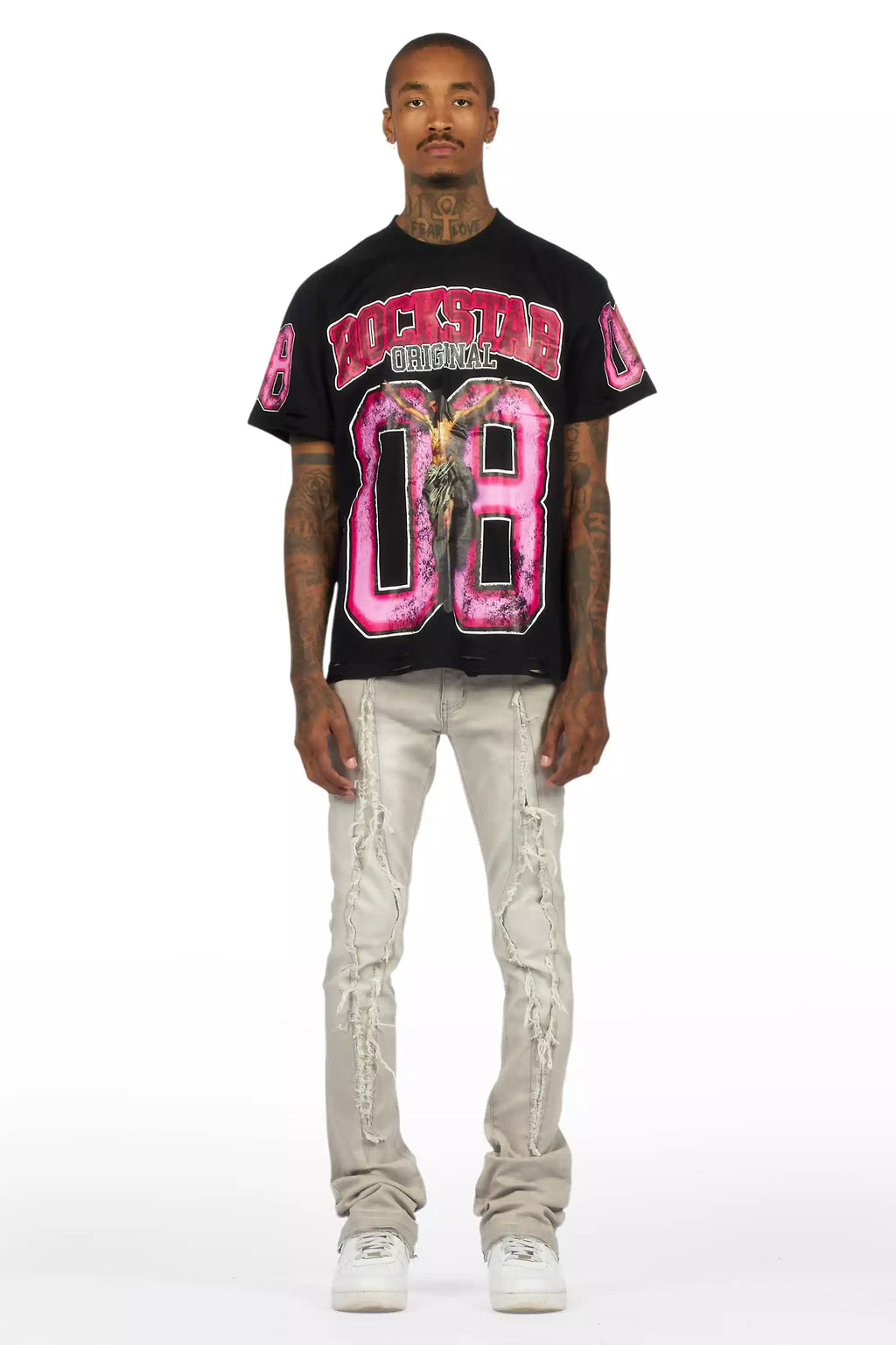 Fields Black Oversized Graphic T-Shirt/Painted Stacked Flare Jean