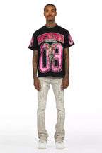 Fields Black Oversized Graphic T-Shirt/Painted Stacked Flare Jean