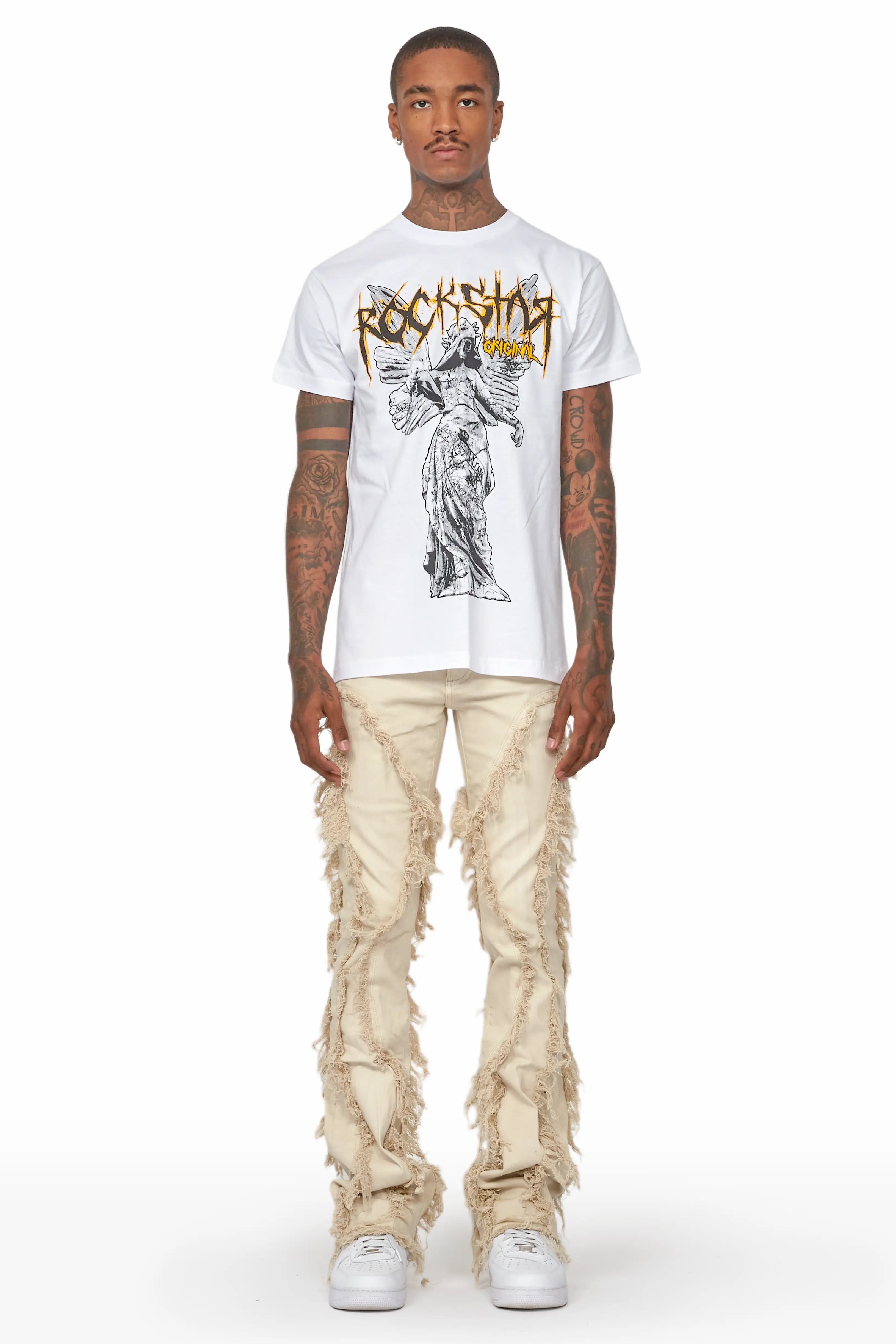 Tristan Beige Stacked Flare Jean