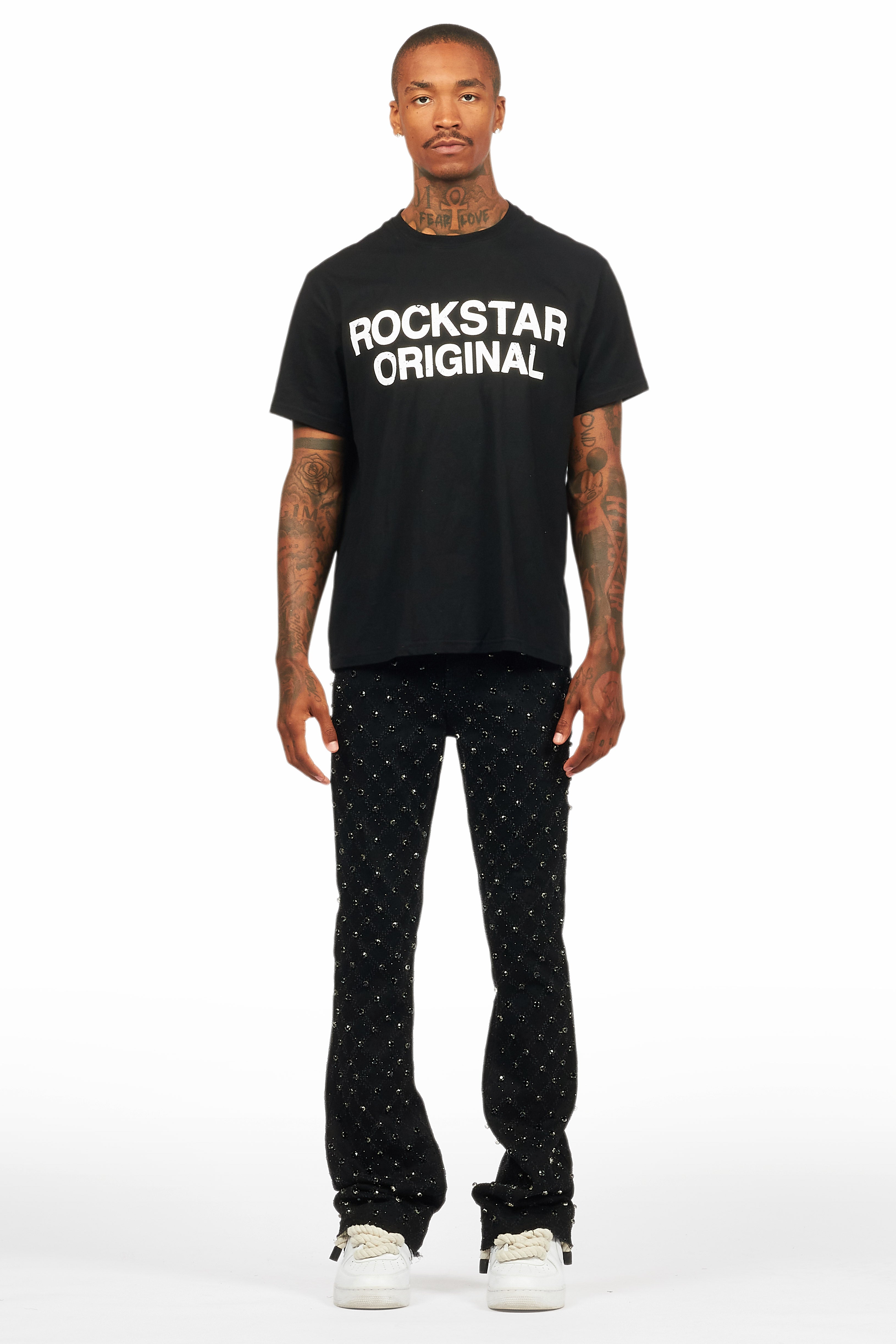 Glit Black Rhinestone Stacked Flare Jean