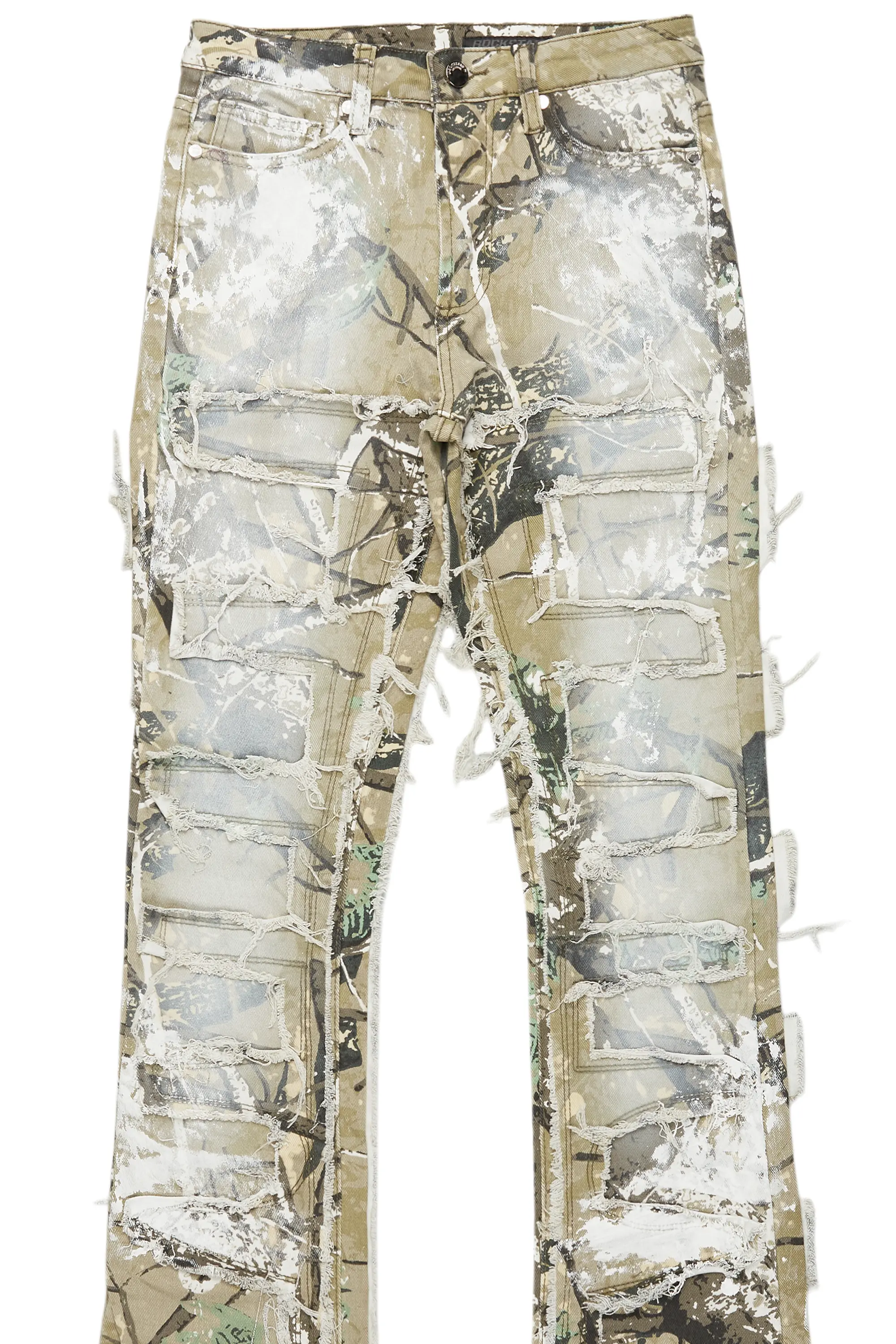 Denzela Tree Camo Painted Stacked Flare Jean