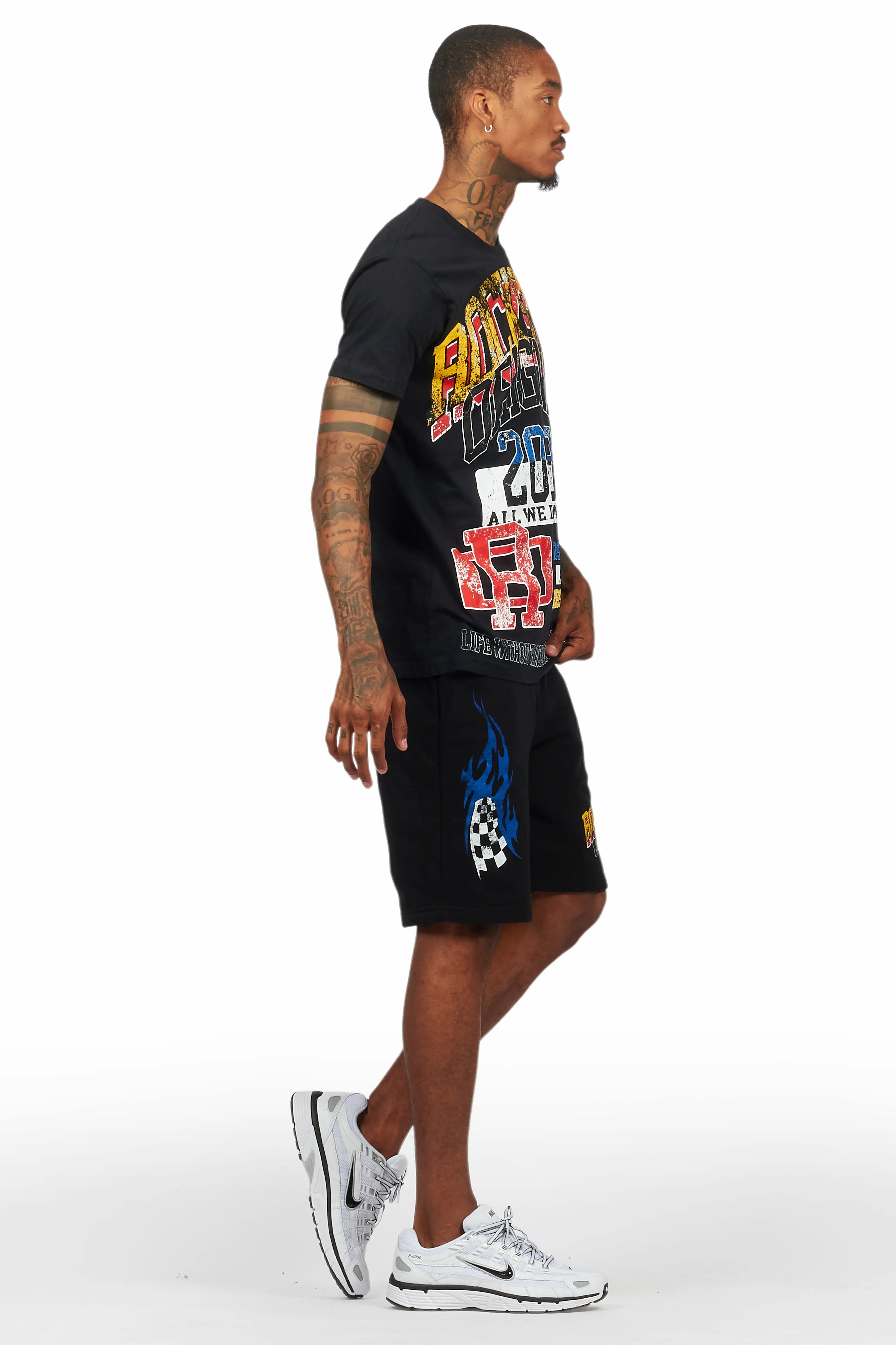 Colorful Race Black T-Shirt Short Set