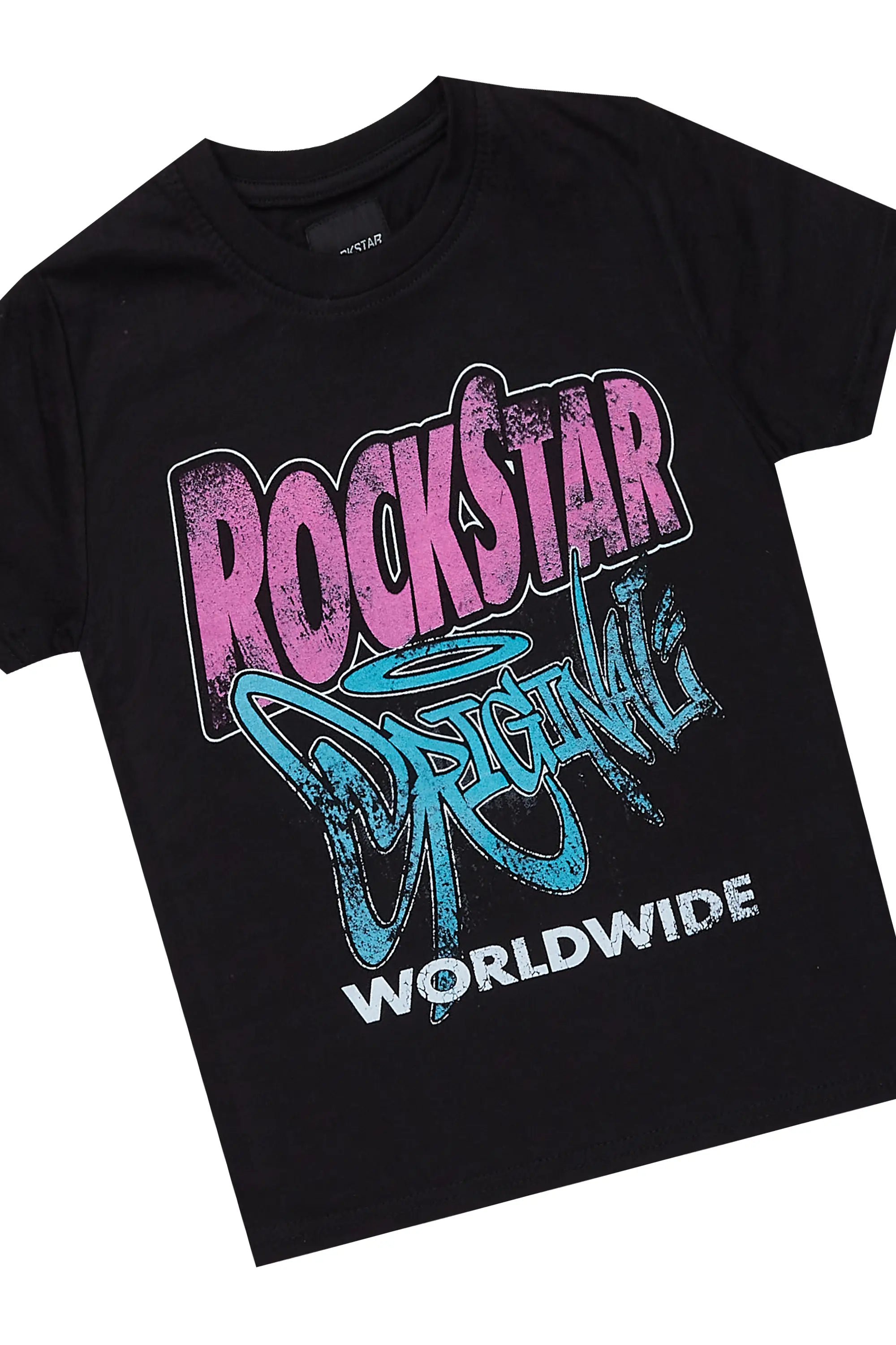 Girls Kaite Black T-Shirt/Stacked Flare Jean Set