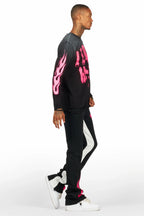 Banyan Black/Pink Long Sleeve T-Shirt/Stacked Baggy Track Pant Set