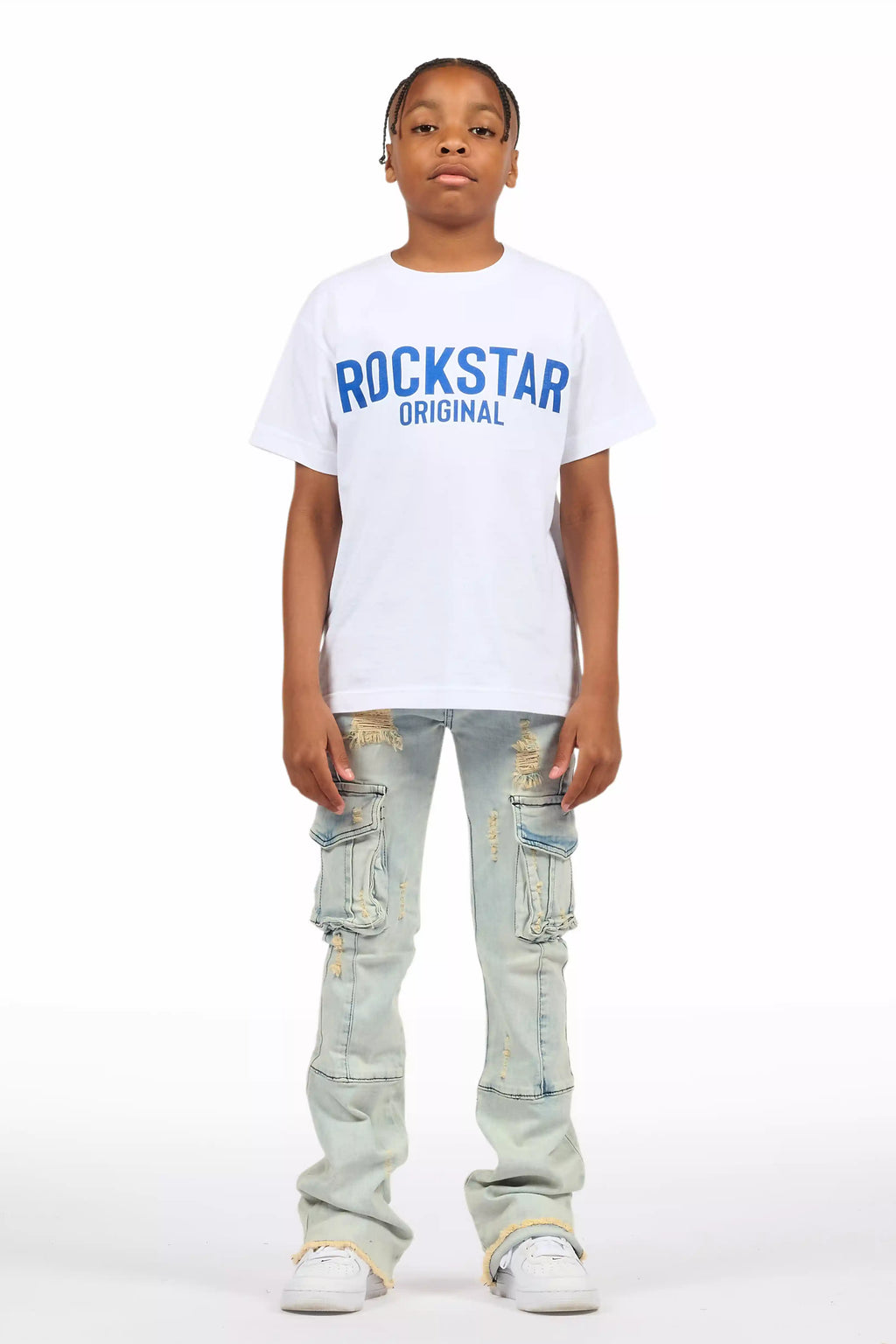 Boys Adalee Blue Slim Stacked Flare Cargo Jean