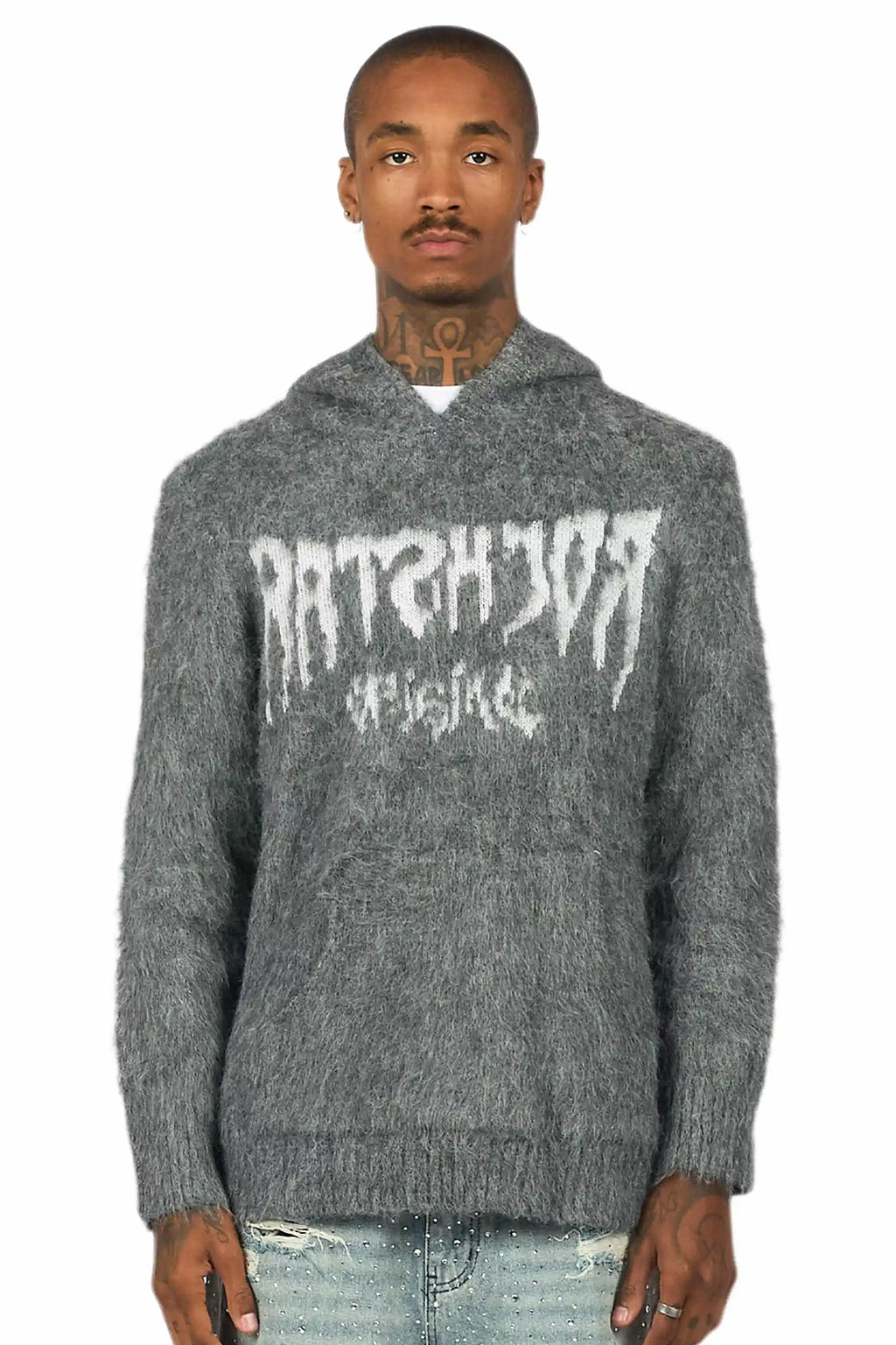 Andros Reflected Grey Graphic Knitted Mohair Hoodie
