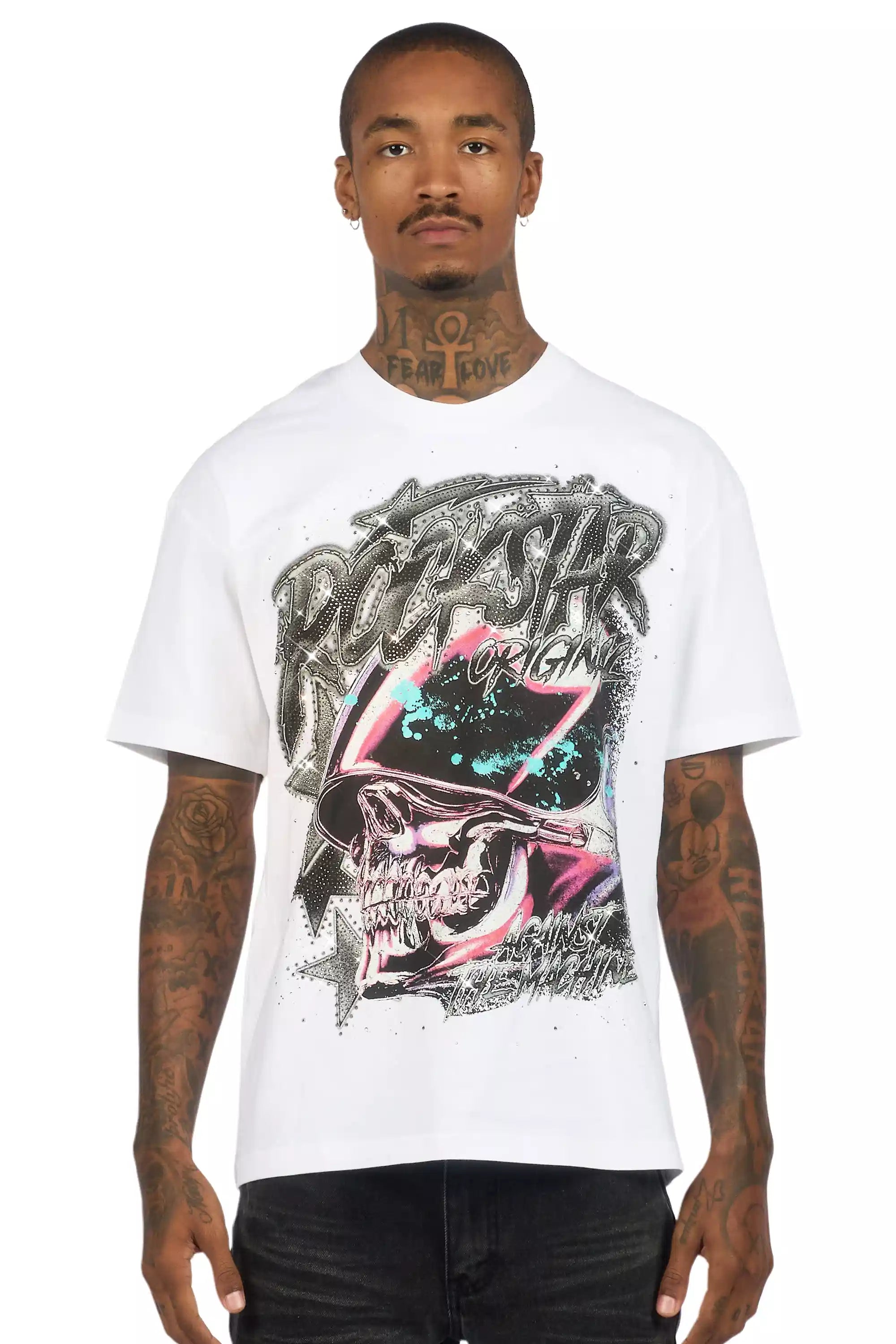 Outerworld White Graphic Rhinestone T-Shirt