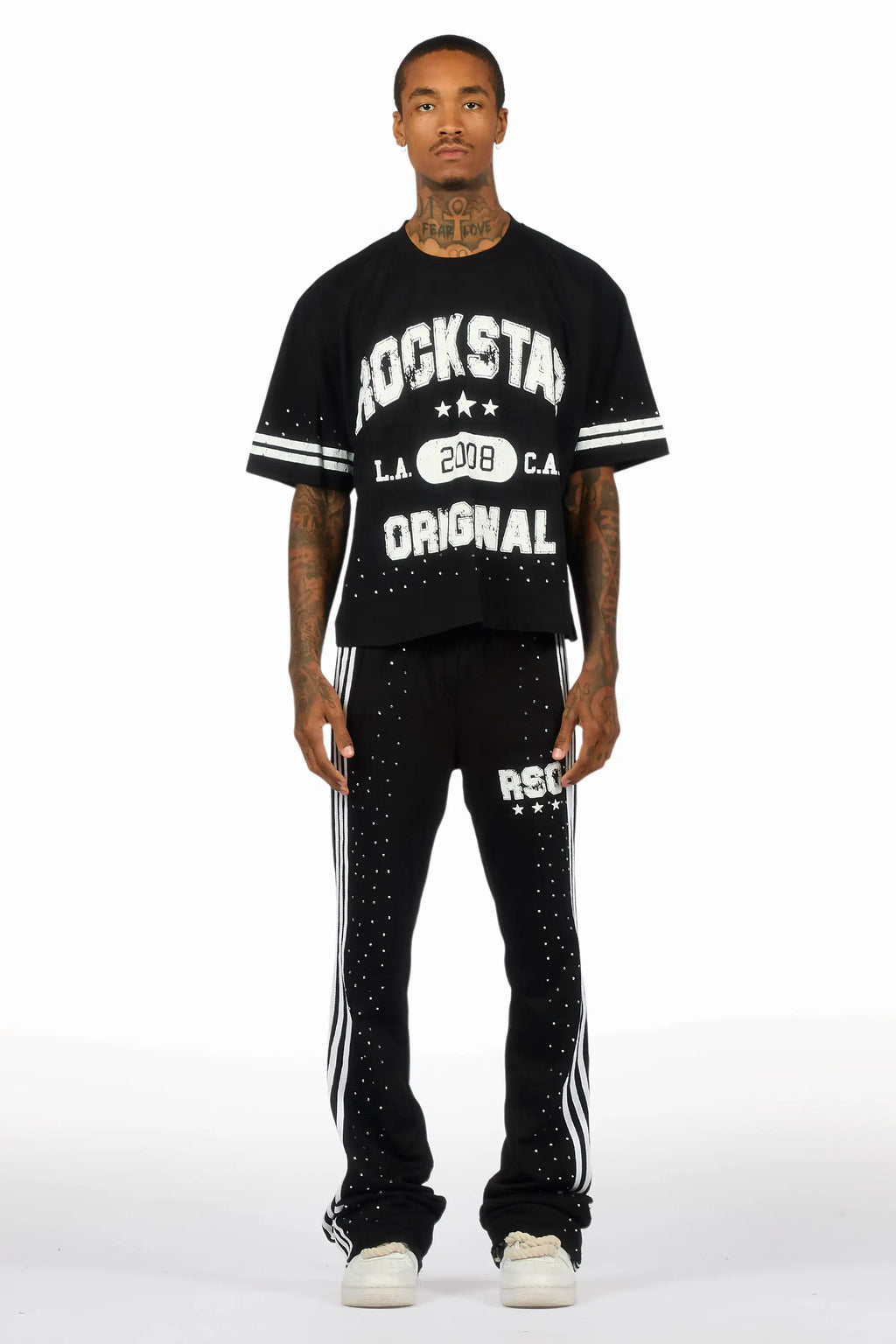 Tylla Black Rhinestone T-Shirt/Baggy Stacked Track Set