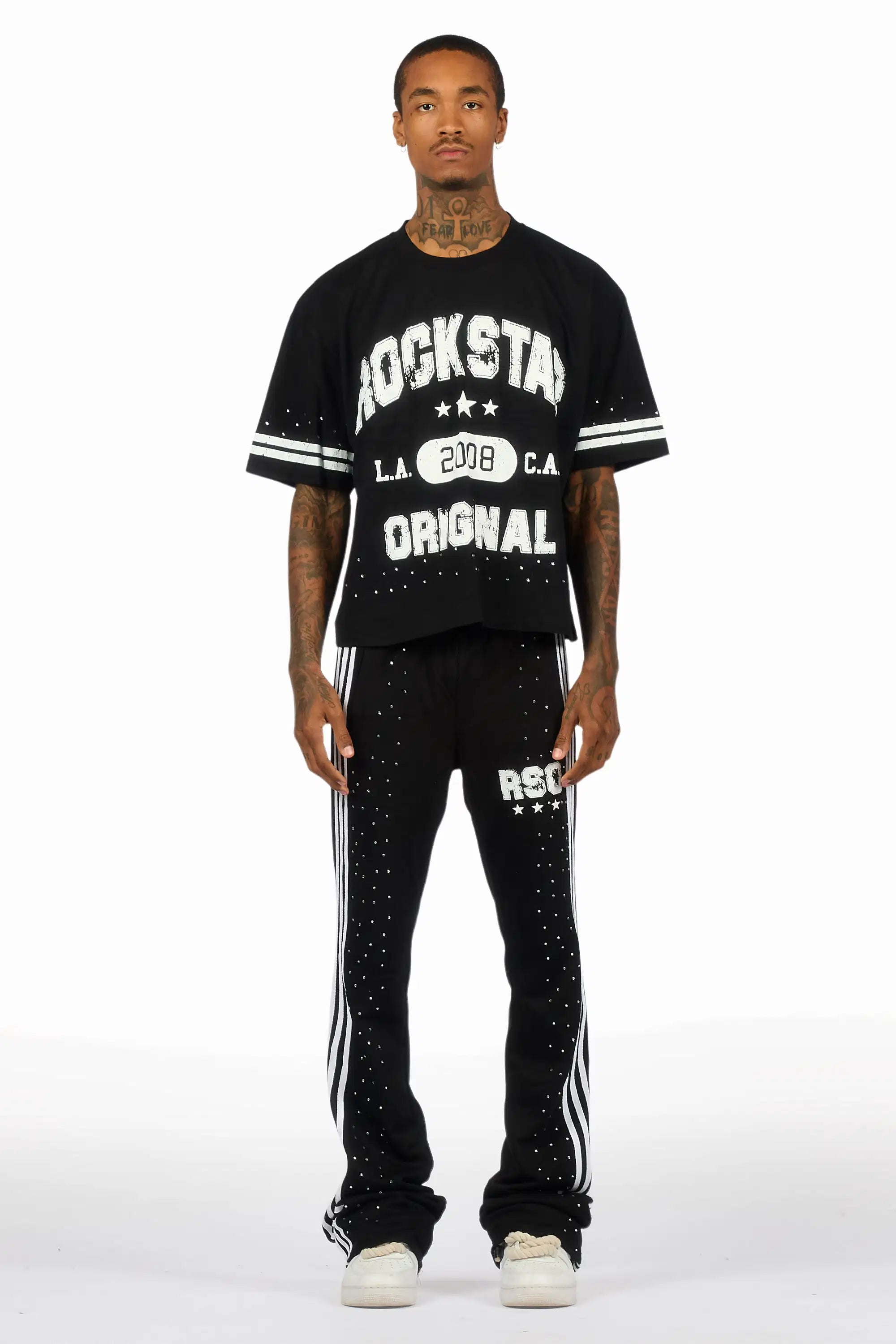 Tylla Black Rhinestone T-Shirt/Baggy Stacked Track Set