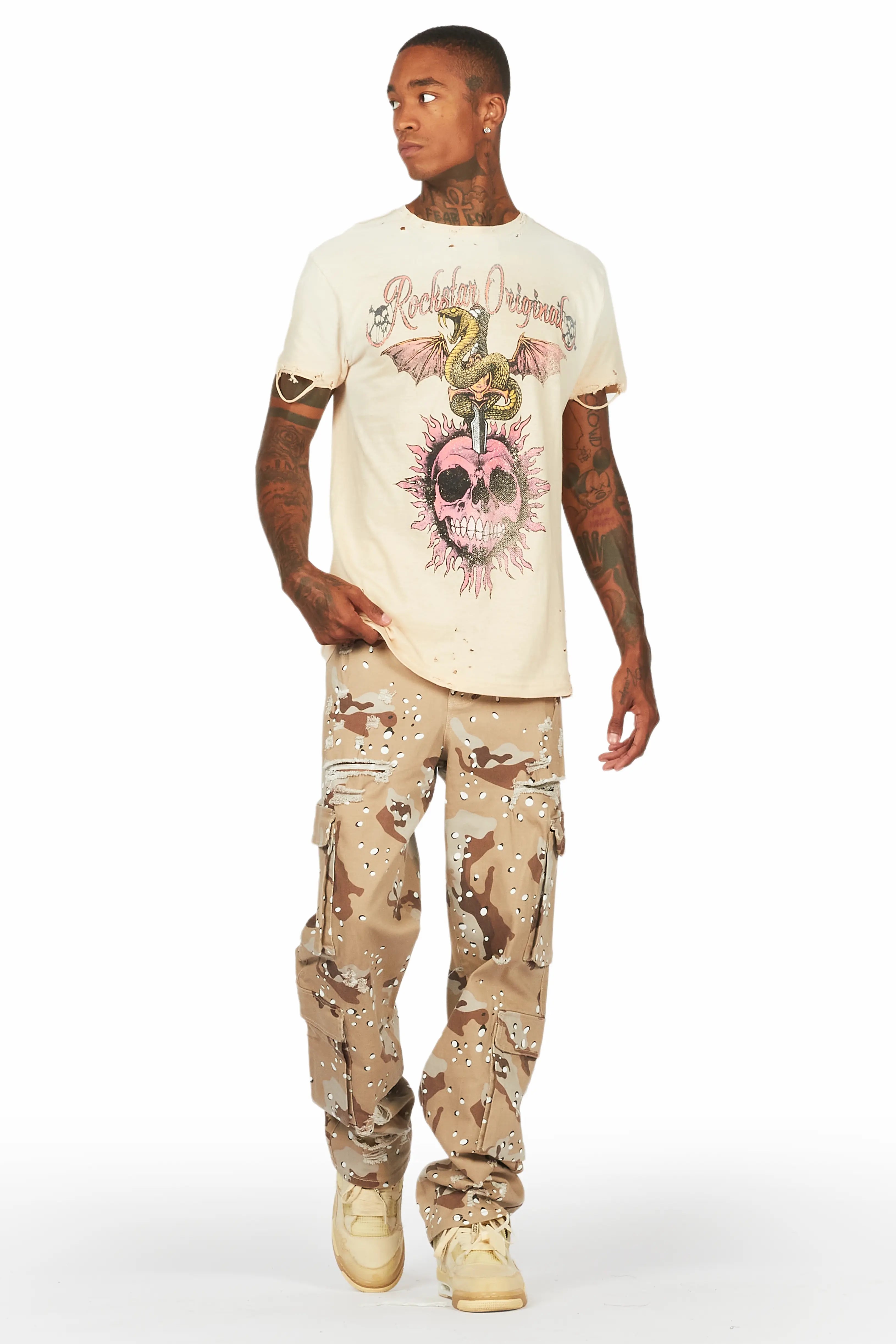 Banjo Beige Graphic Oversized T-Shirt