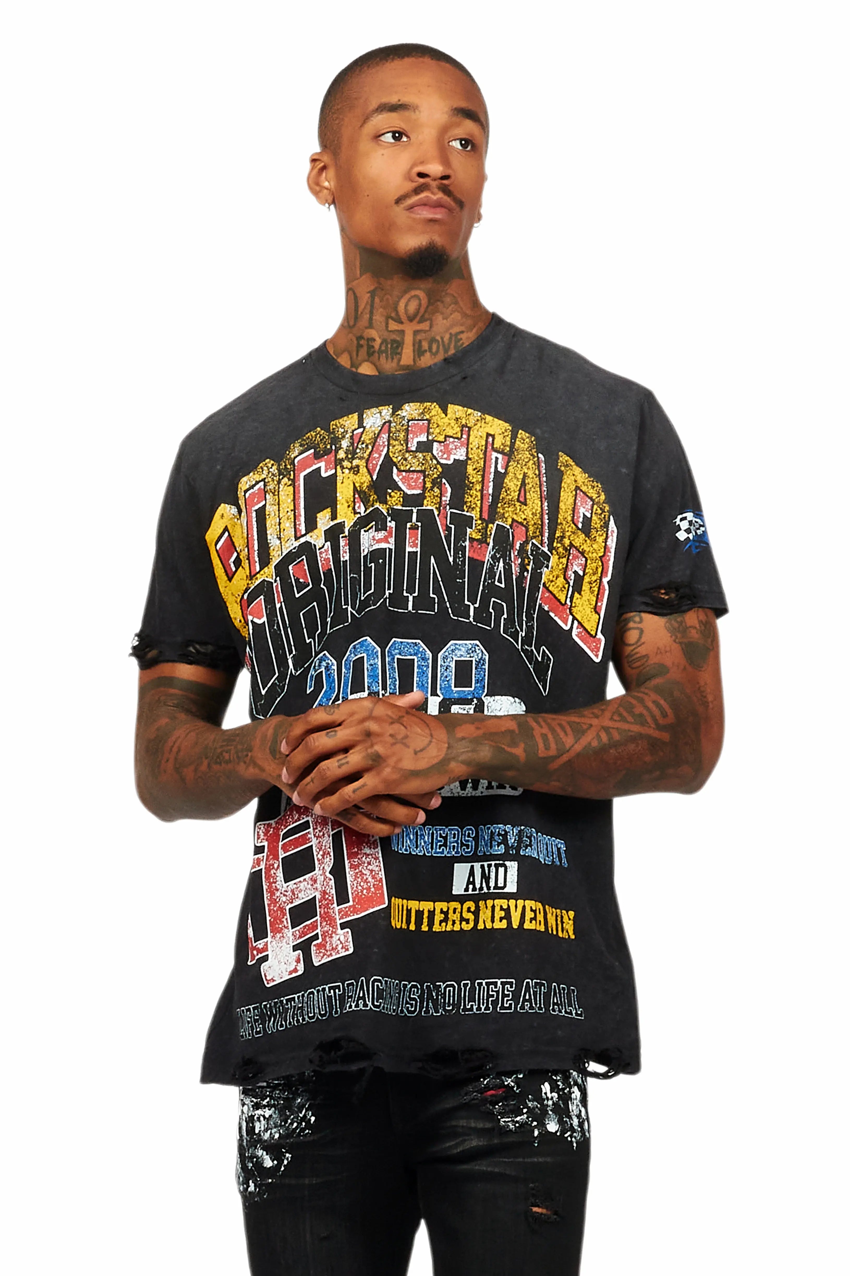 Colorful Race Vintage Black Oversized Distressed Graphic T-Shirt