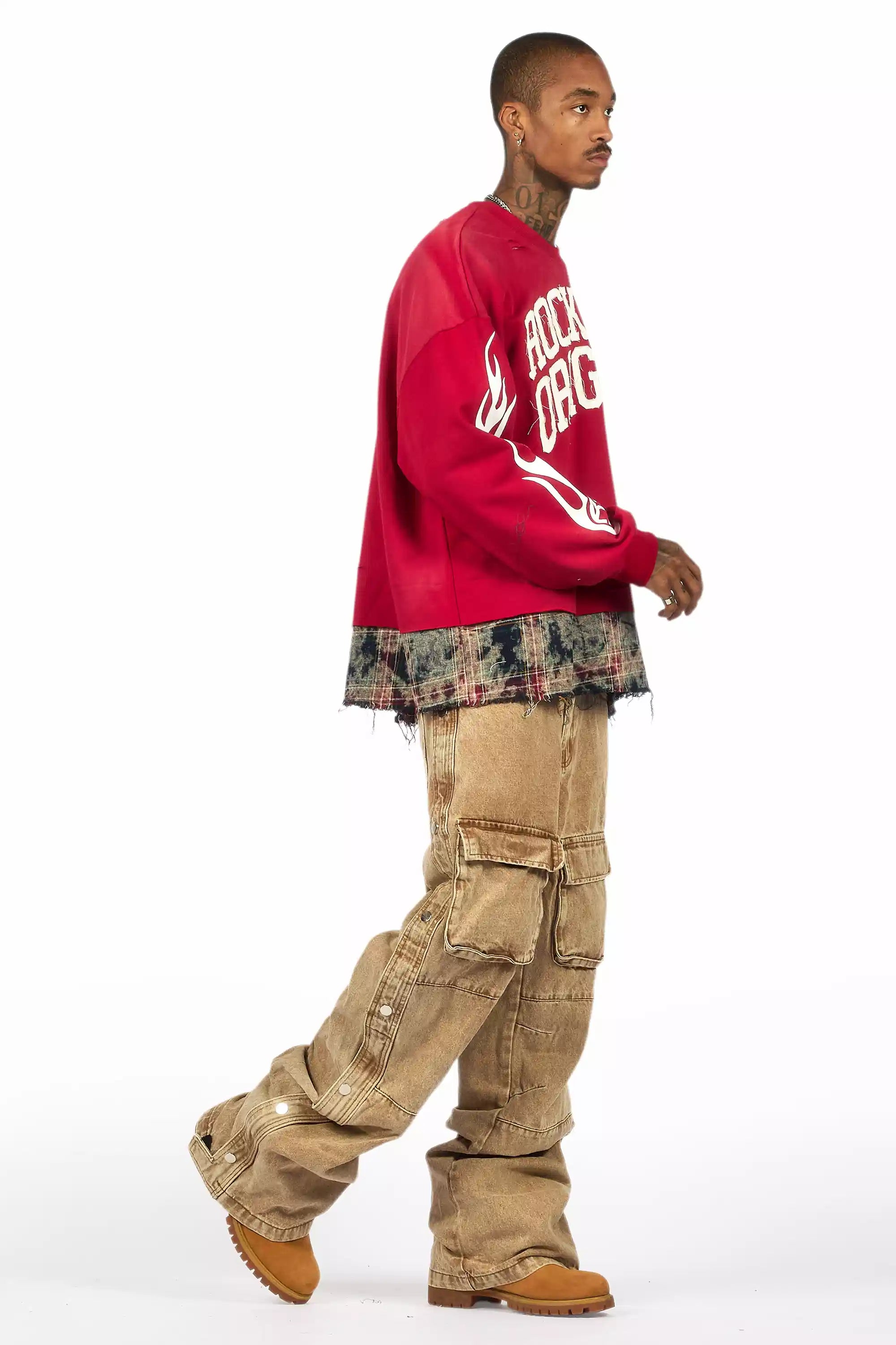 Yuri Beige Stacked Cargo Flare Jean