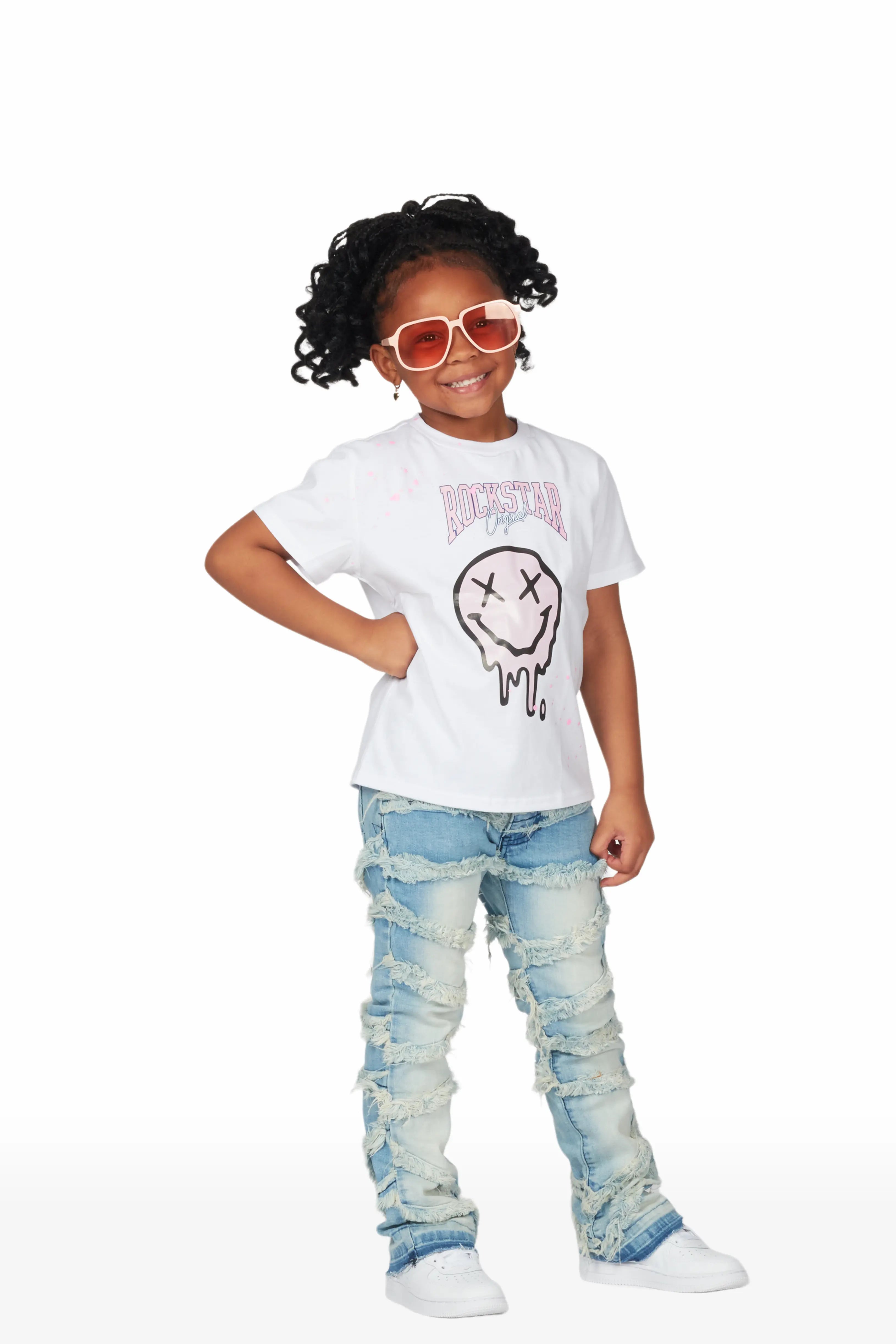 Girls Kaley White/Blue T-Shirt/Stacked Flare Jean Set