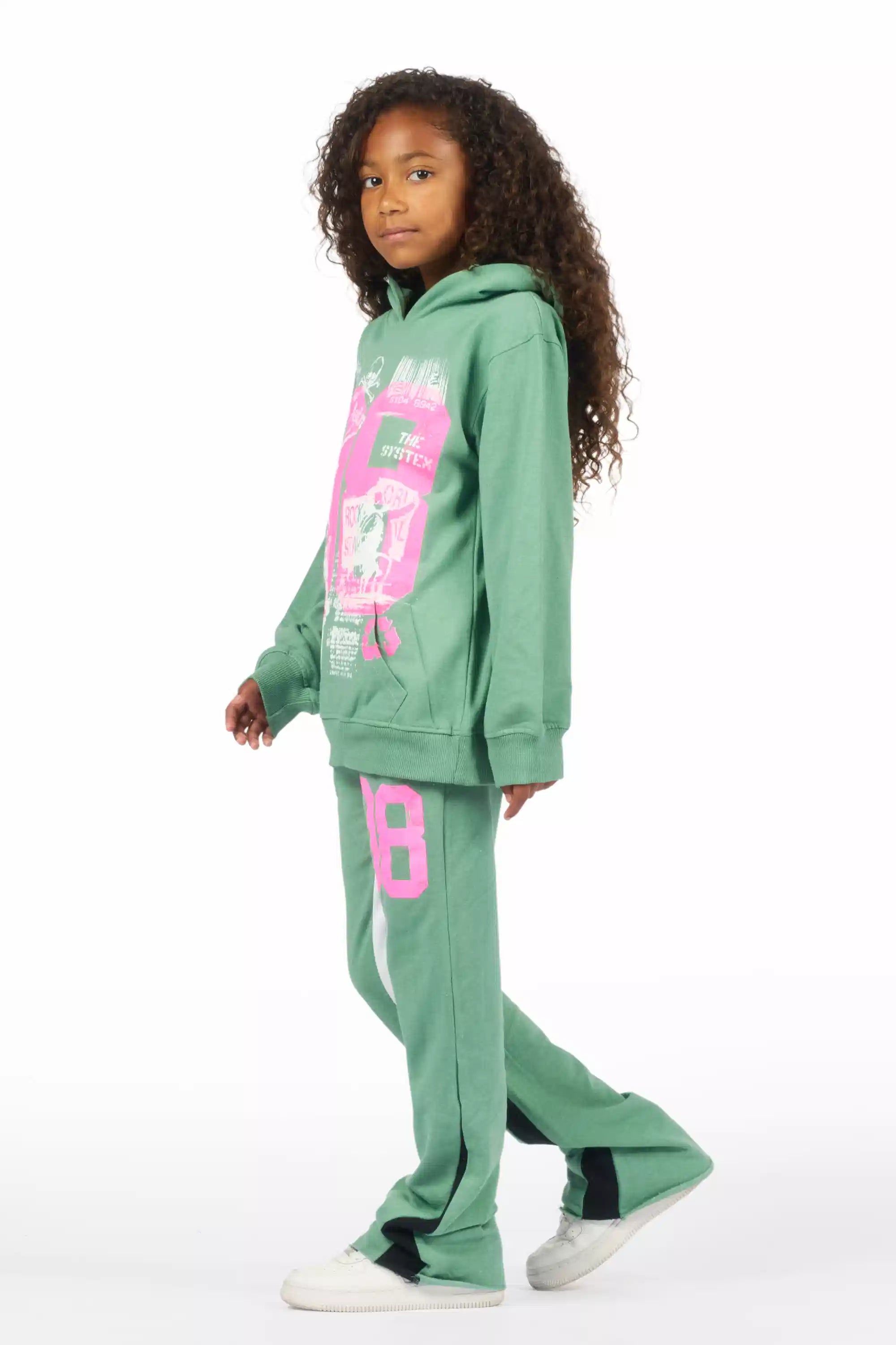 Girls Kammy Sage/Pink Hoodie Stacked Track Set