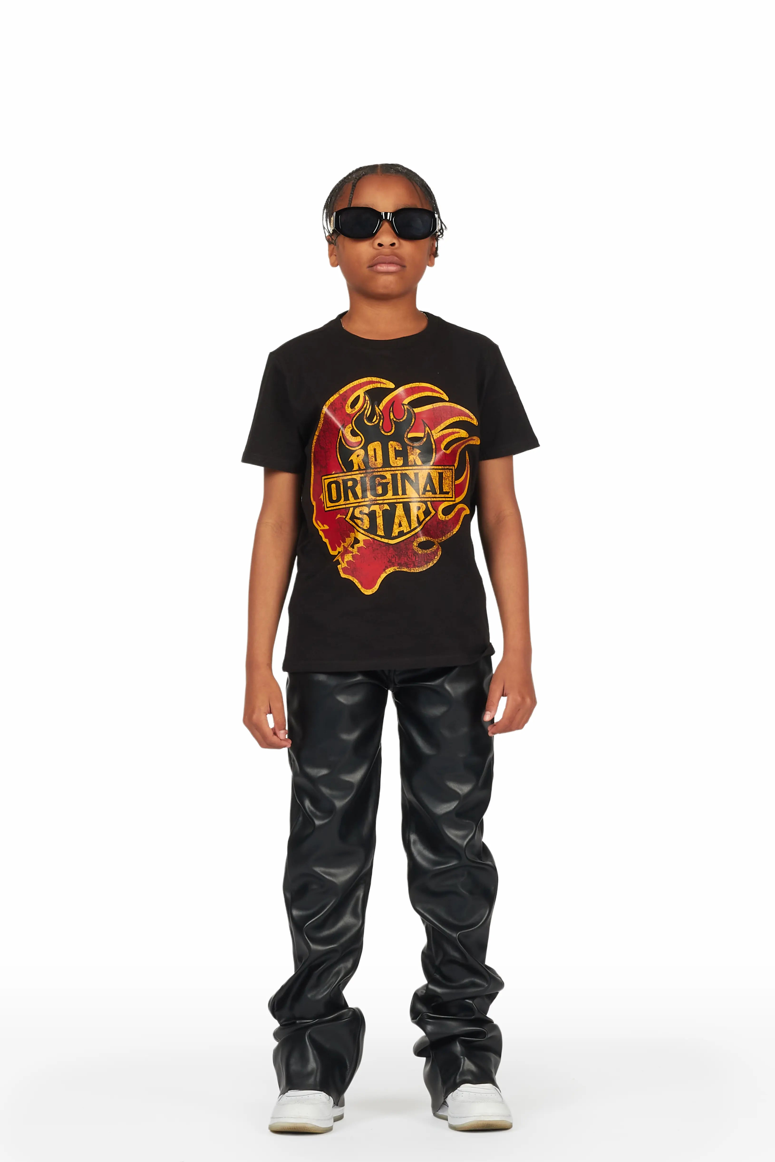 Boys Ricky Black PU Super Stacked Flare Jean