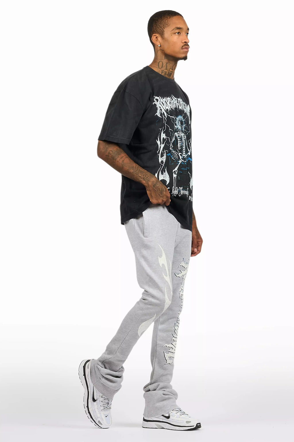 Exodus Charcoal Grey T-Shirt/Stacked Flare Track Pant Set