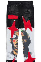 Savage Black/Red Patchwork Stacked Flare Jean