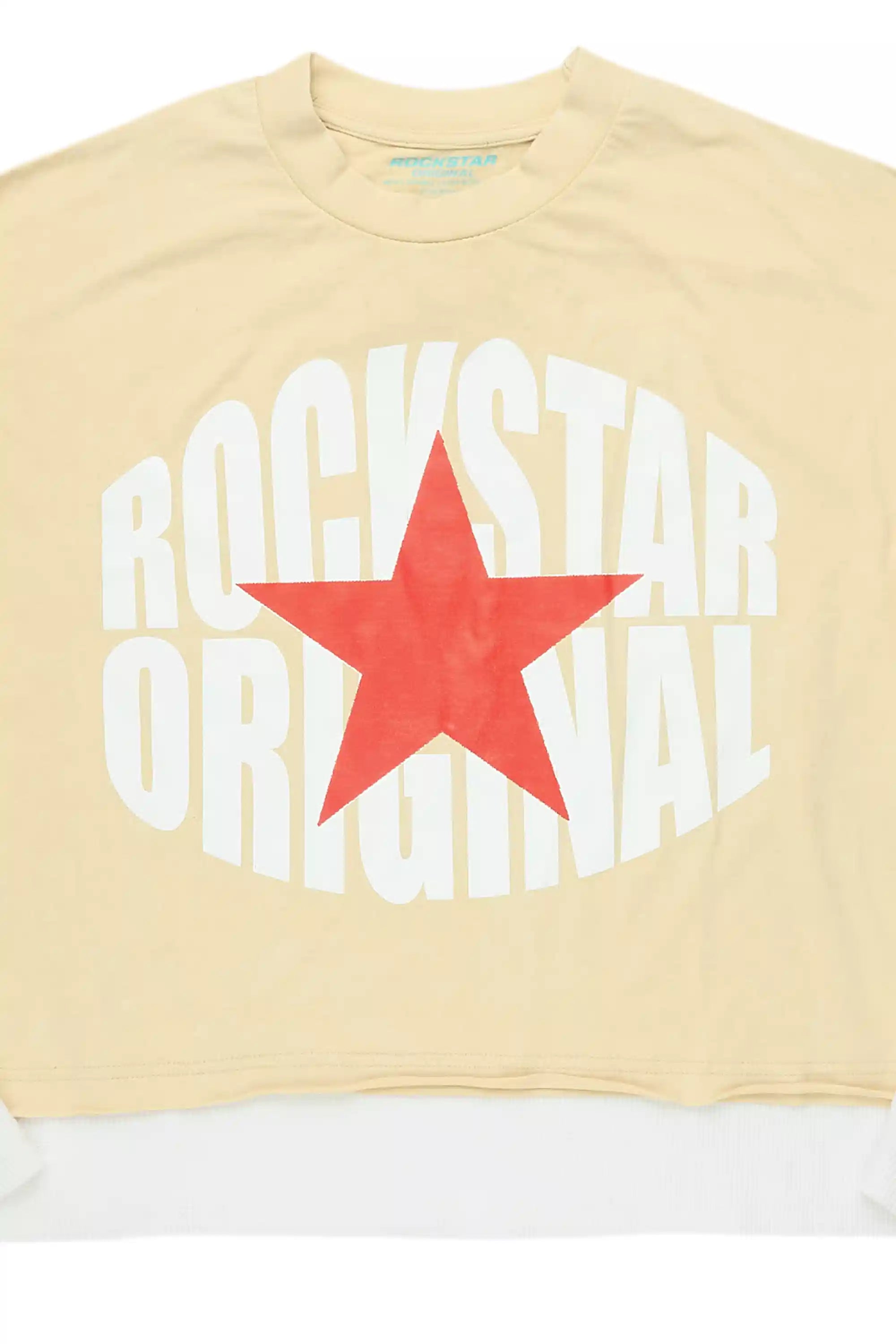 States Beige/White Boxy Crop Double Layer Tee