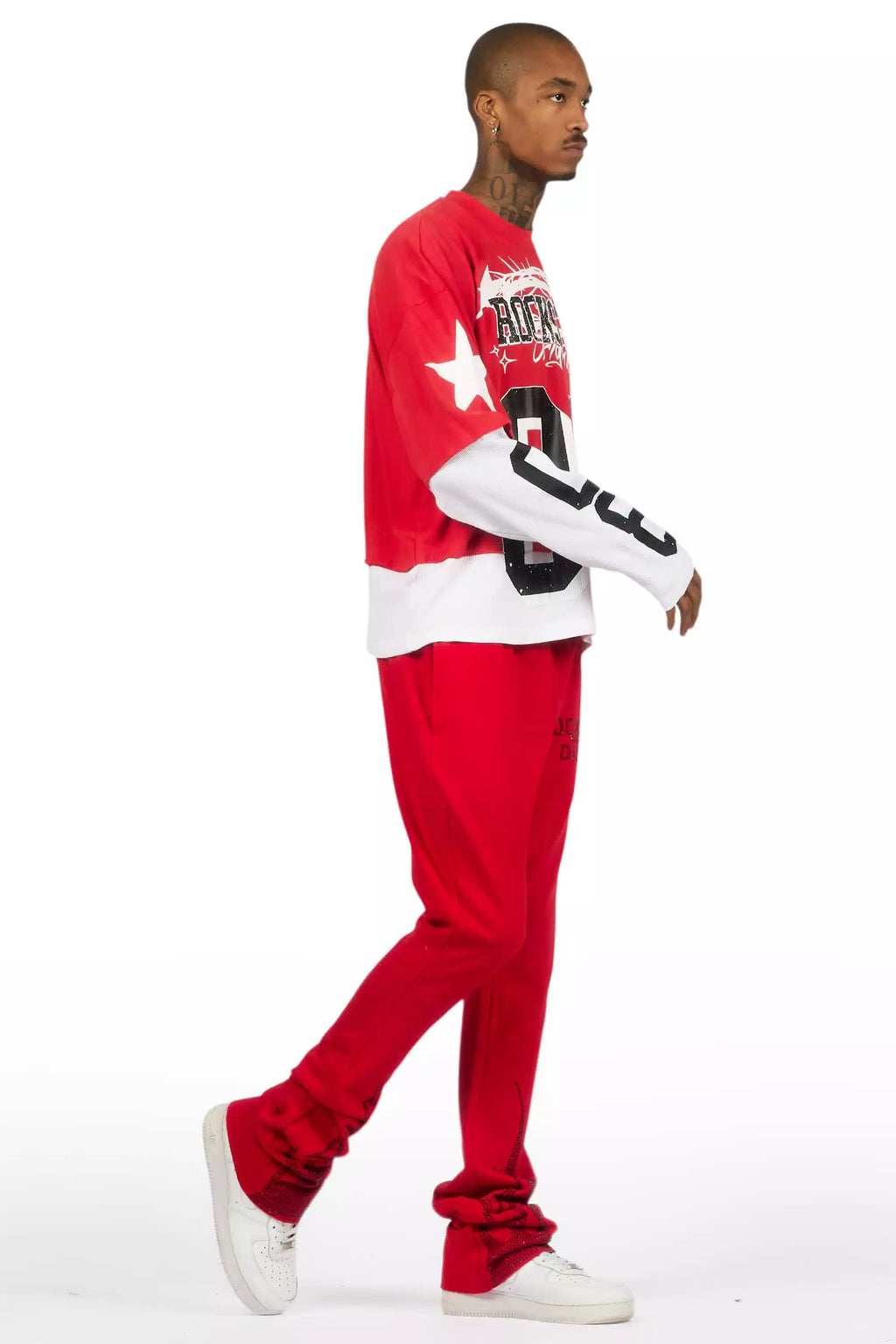 Pyrel Red/Black Rhinestone Stacked Flare Pant