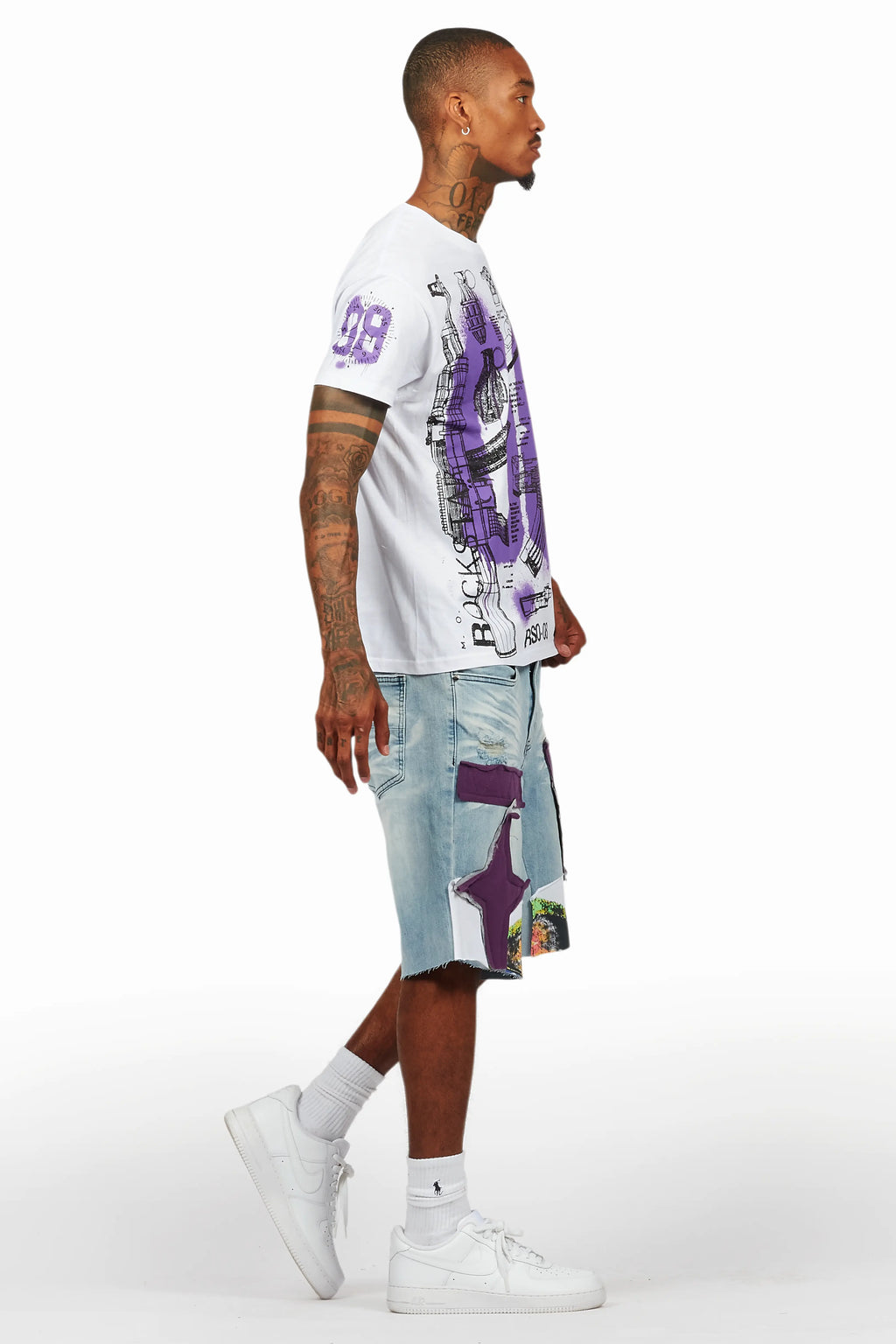Nesta White/Purple T-Shirt/Denim Short Set