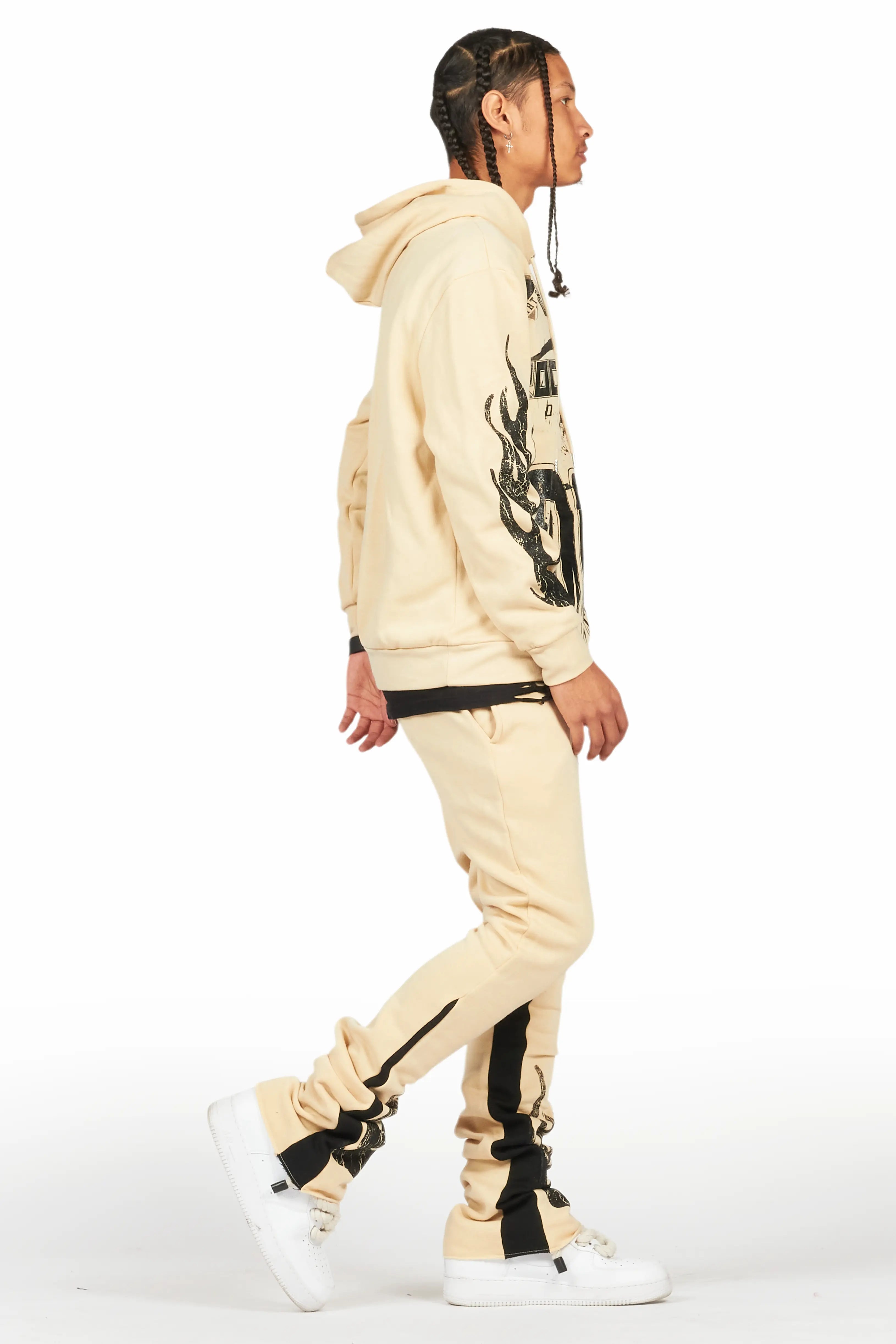 Amos Beige Stacked Flare Hoodie Track Set
