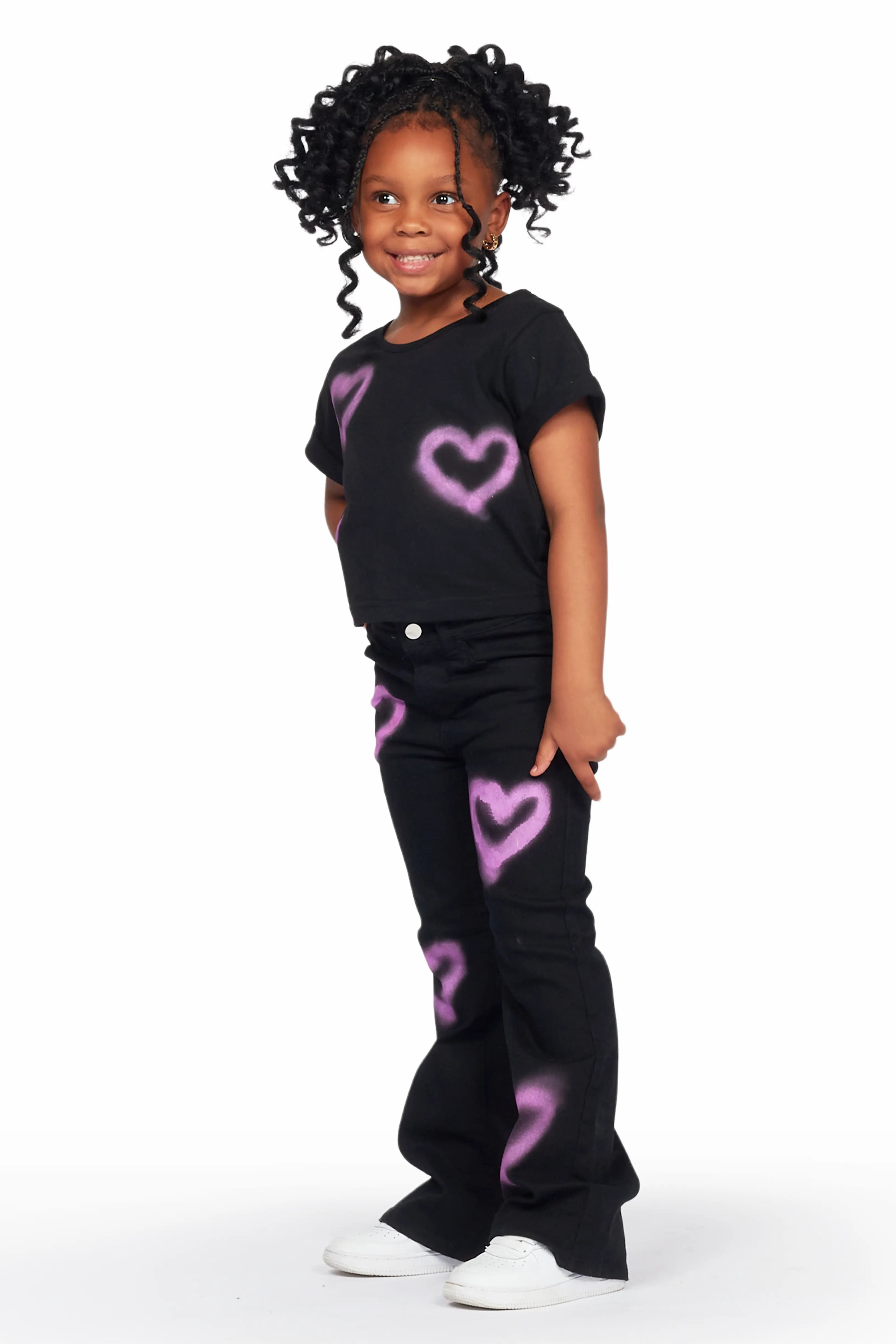 Girls Bayle Black T-Shirt Flare Jean Set