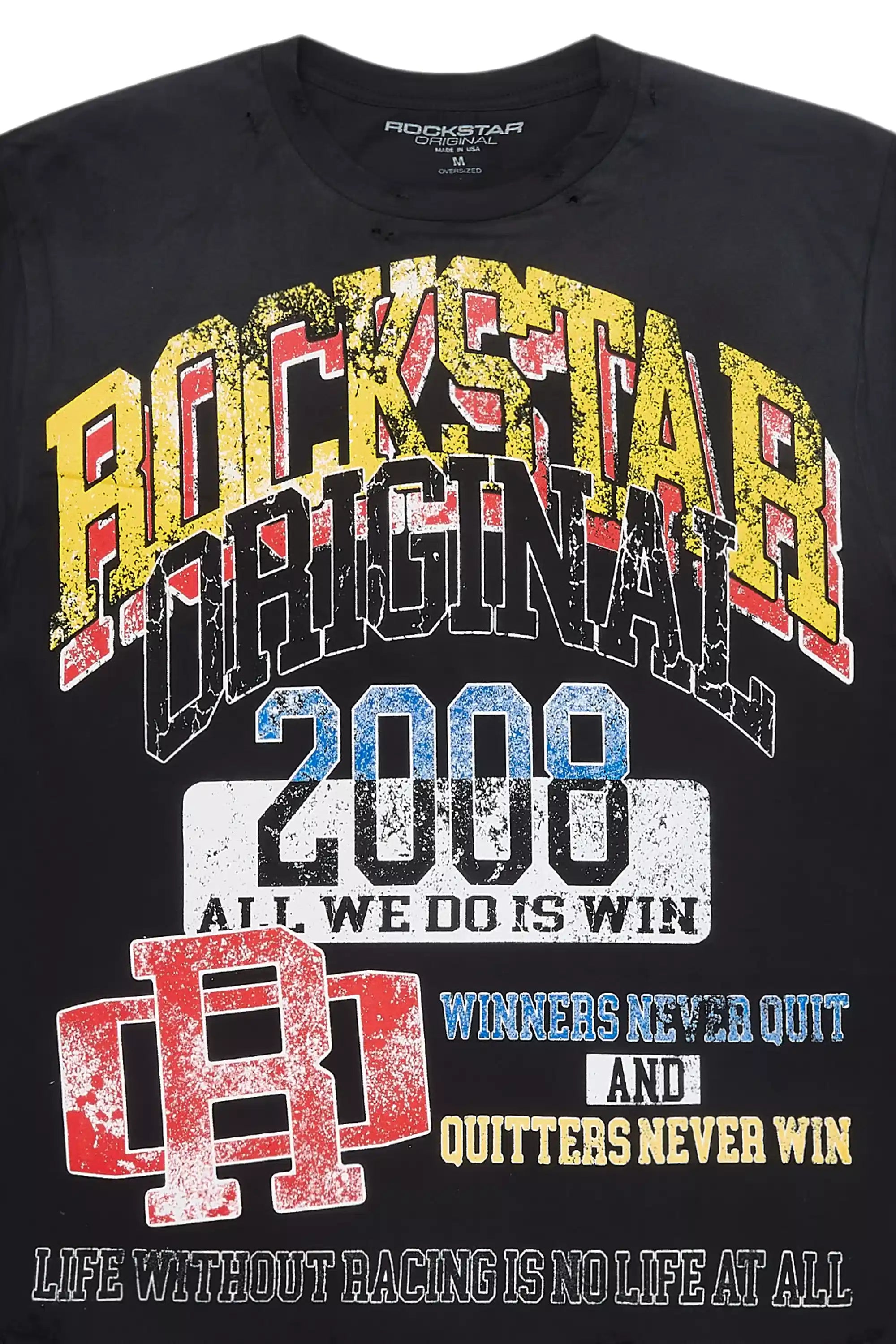 Colorful Race Black Oversized Distressed Graphic T-Shirt