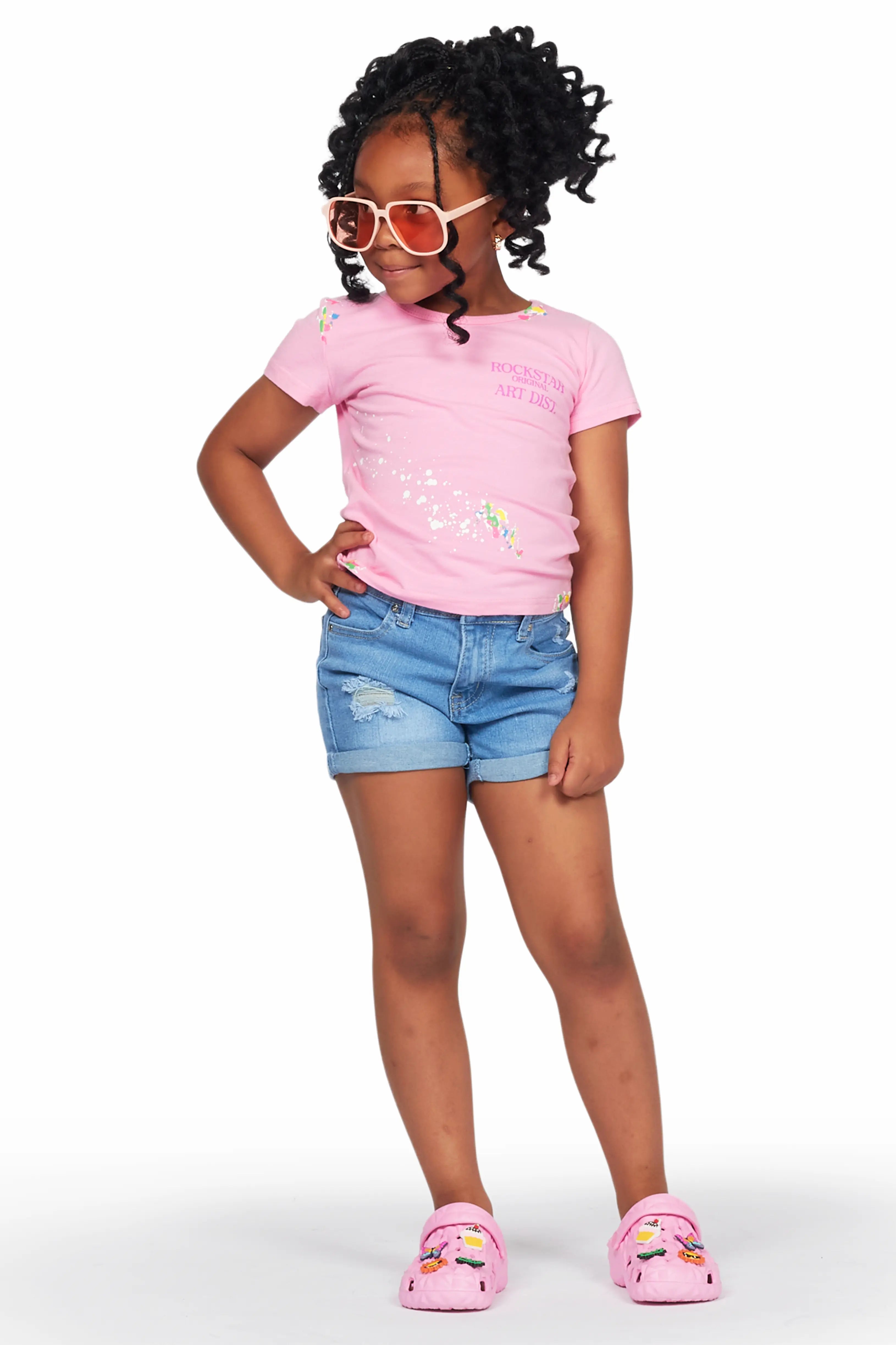 Girls Maali Pink T-Shirt/Denim Short Set