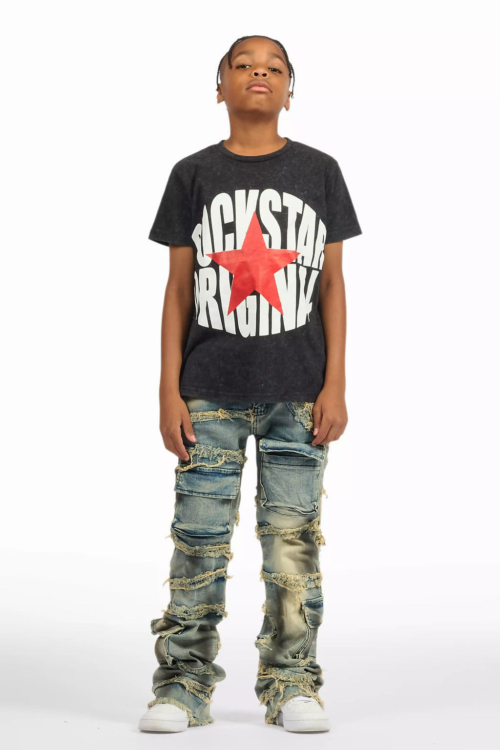 Boys Yves Blue Ripped Stacked Flare Cargo Jeans