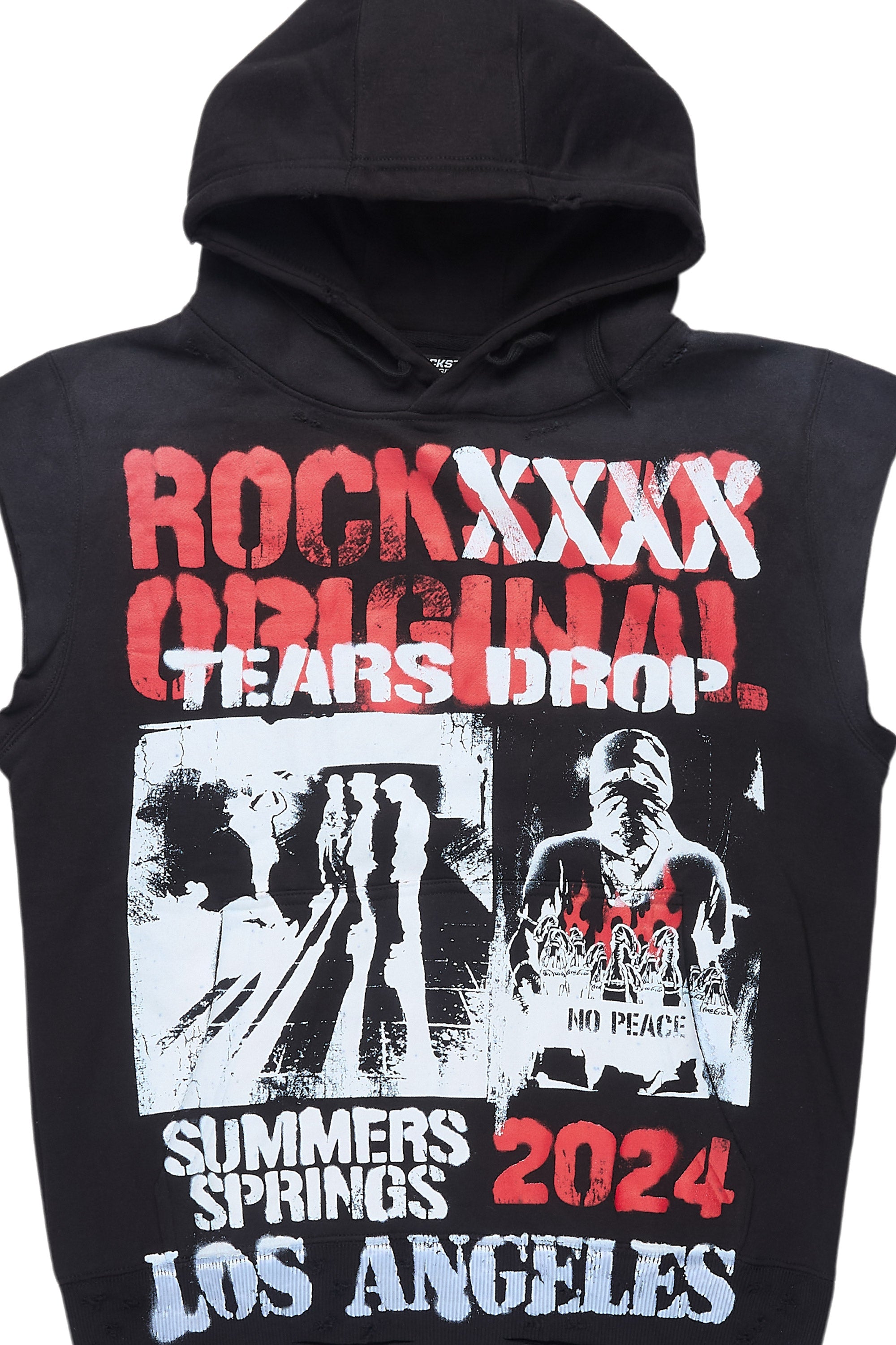 Paton Black/Red Distressed Graphic Cut Sleeve Hoodie