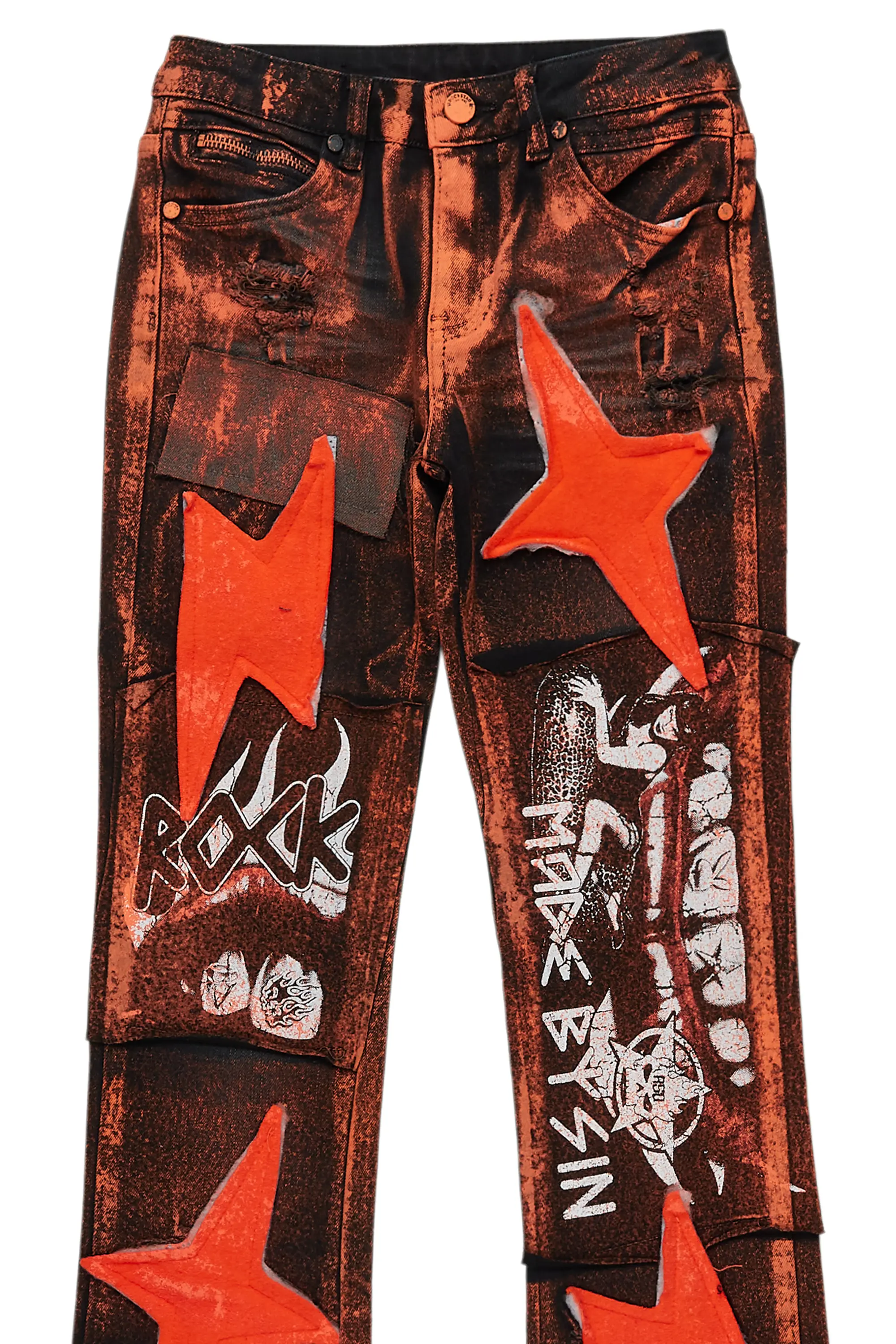 Boys Valko Black/Orange Roller Paint Stacked Flare Jean