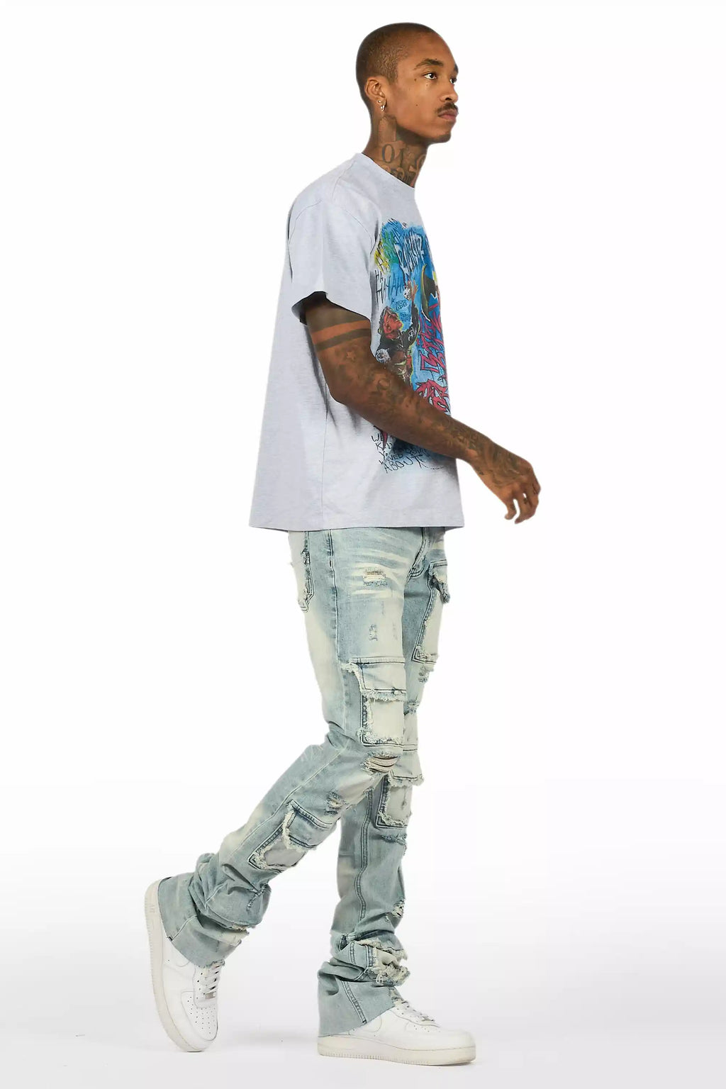 Yooz Heather Grey/Blue Oversized T-Shirt/Super Stacked Flare Jean Bundle
