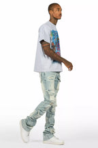 Yooz Heather Grey/Blue Oversized T-Shirt/Super Stacked Flare Jean Bundle