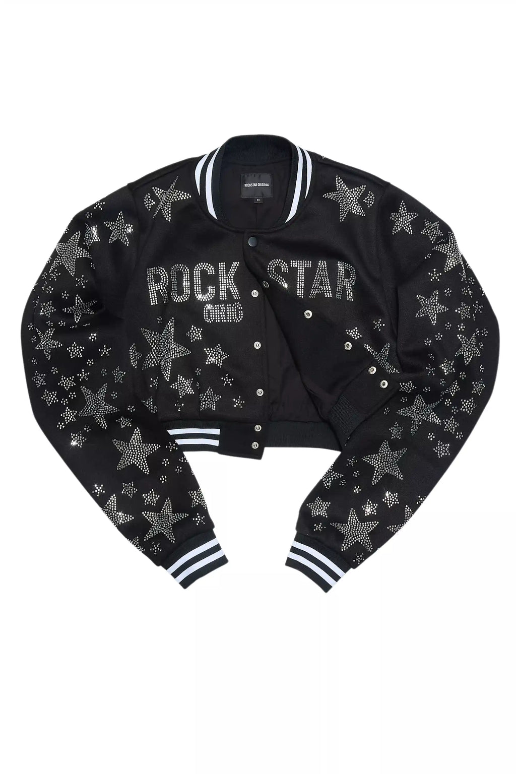Shanda Black Crop Rhinestone Varsity Jacket