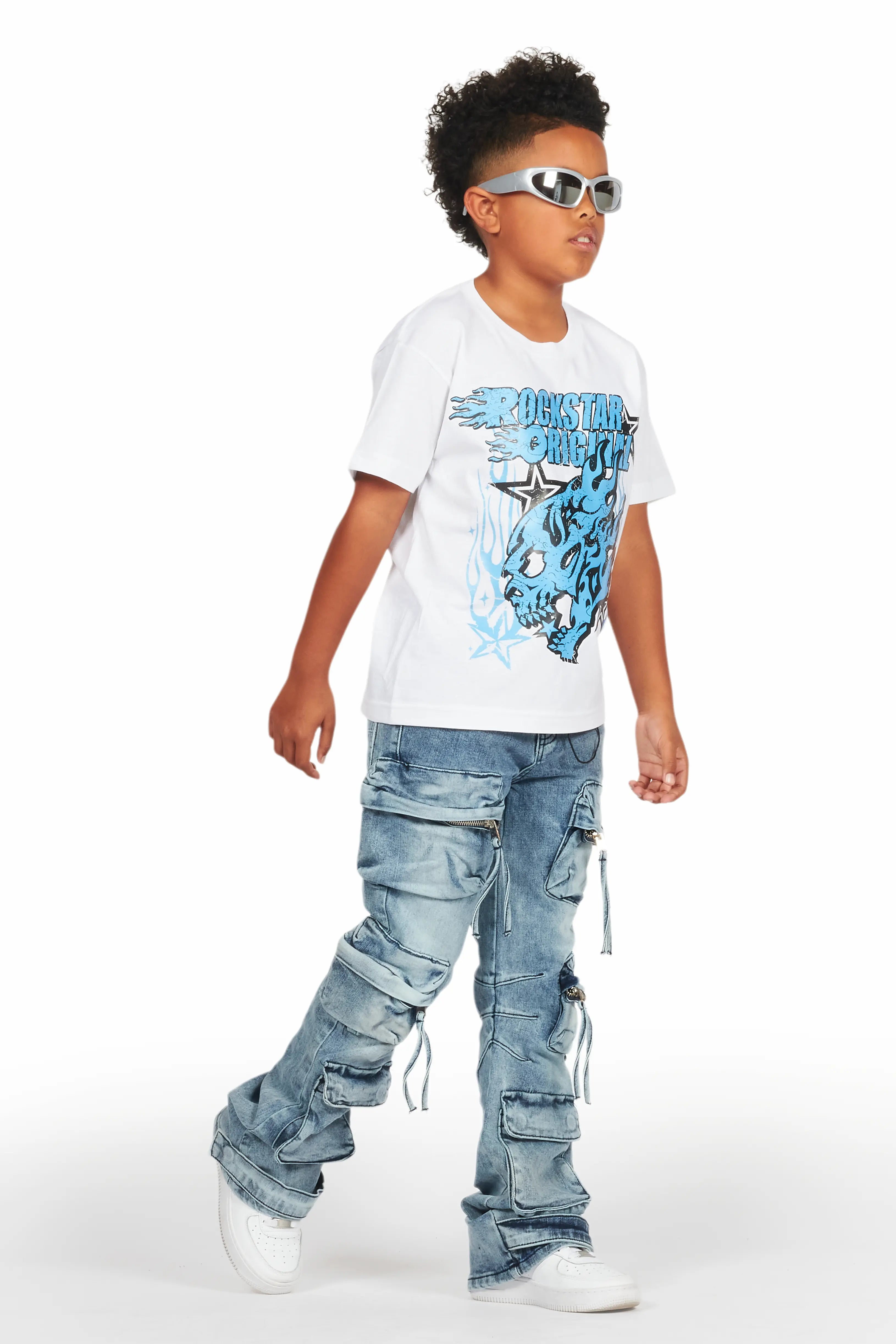 Boys Smitty White/Blue T-Shirt/Baggy Fit Jean Set