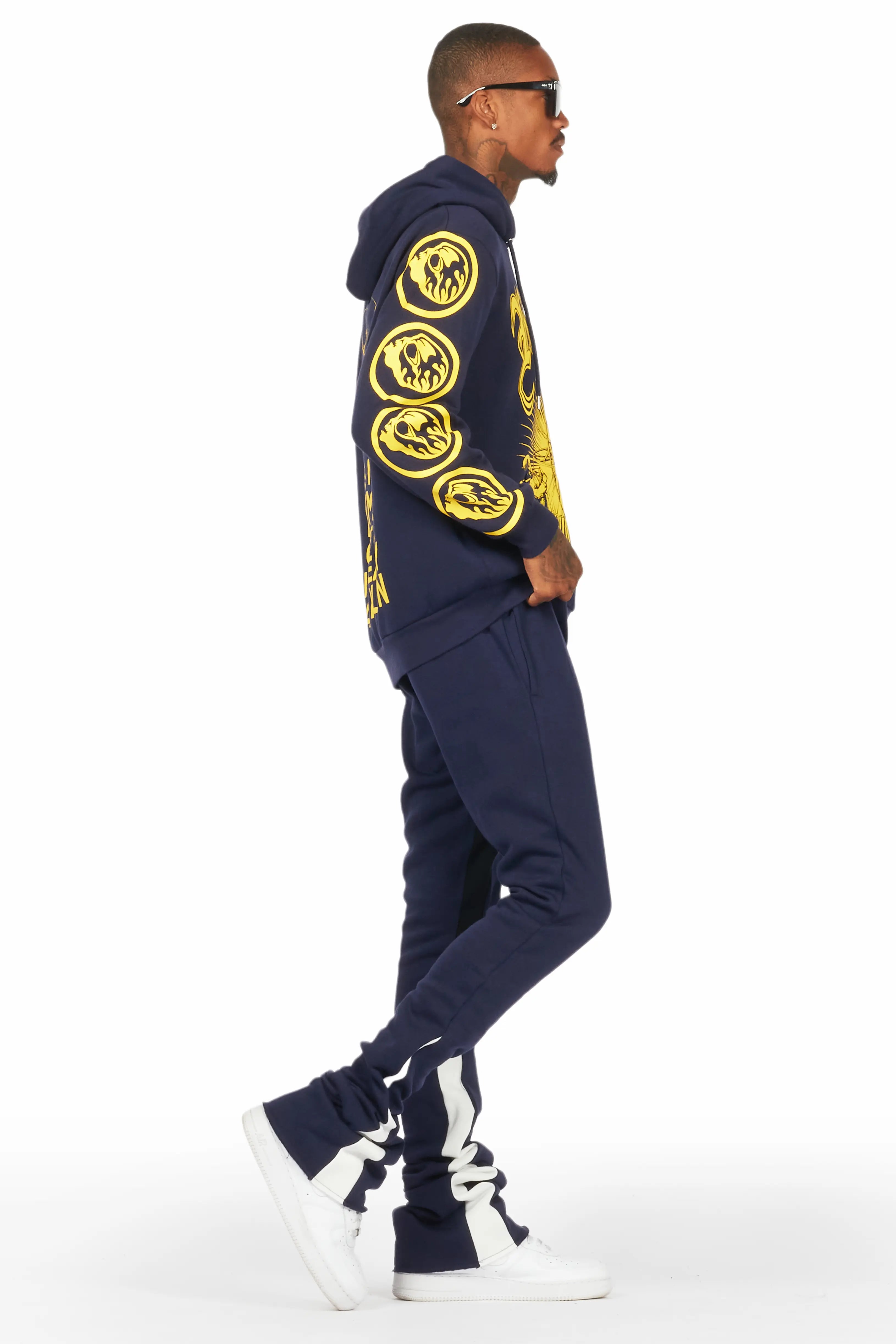 Yarden Navy Hoodie/Super Stacked Flare Pant Track Set