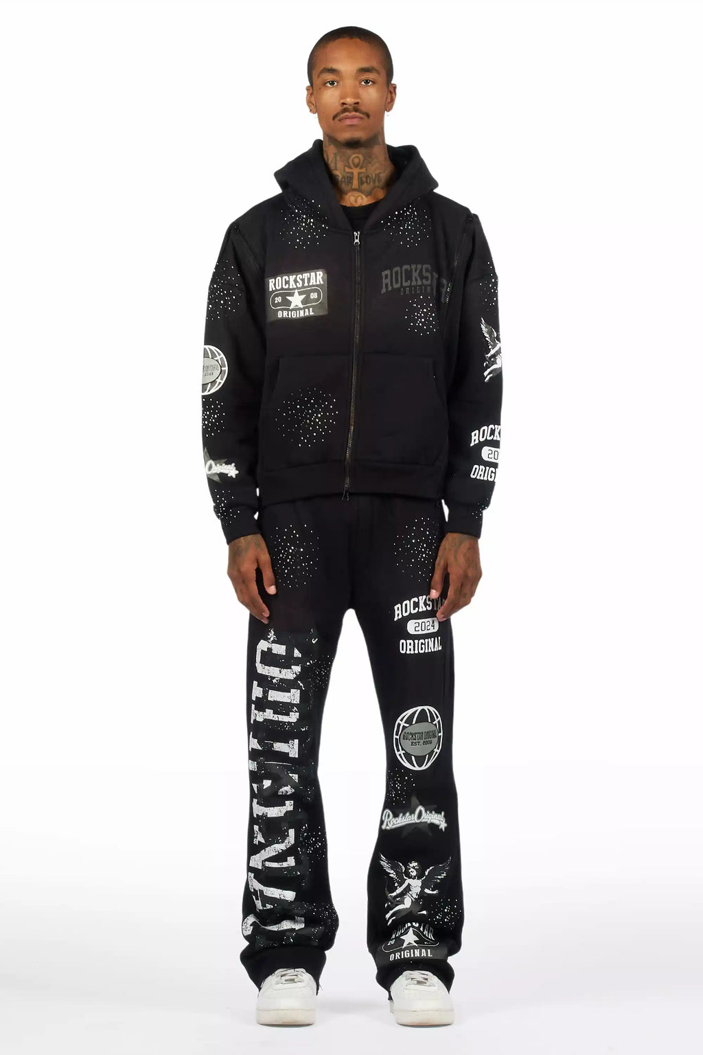 Gutta Black Rhinestone Hoodie Relaxed Track Set