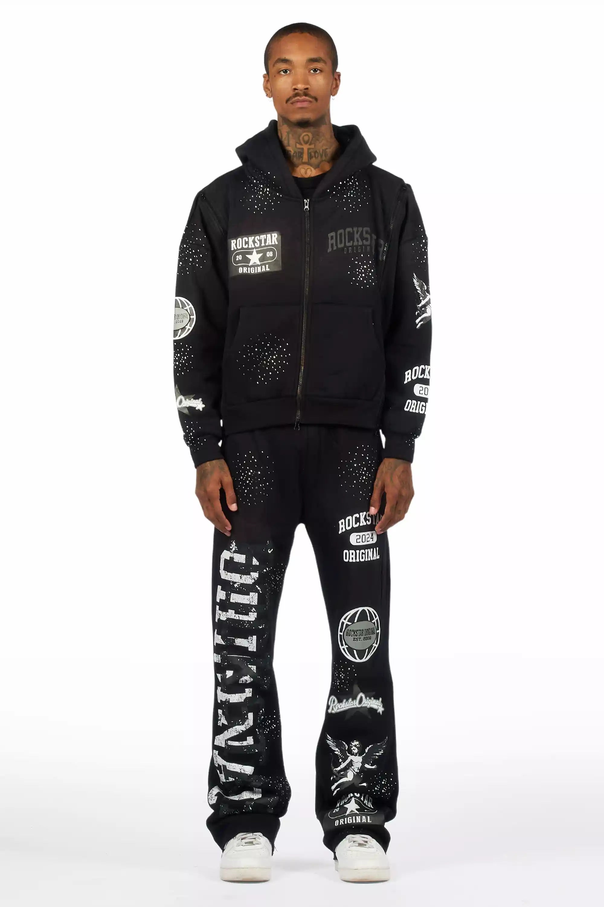 Gutta Black Rhinestone Hoodie Relaxed Track Set