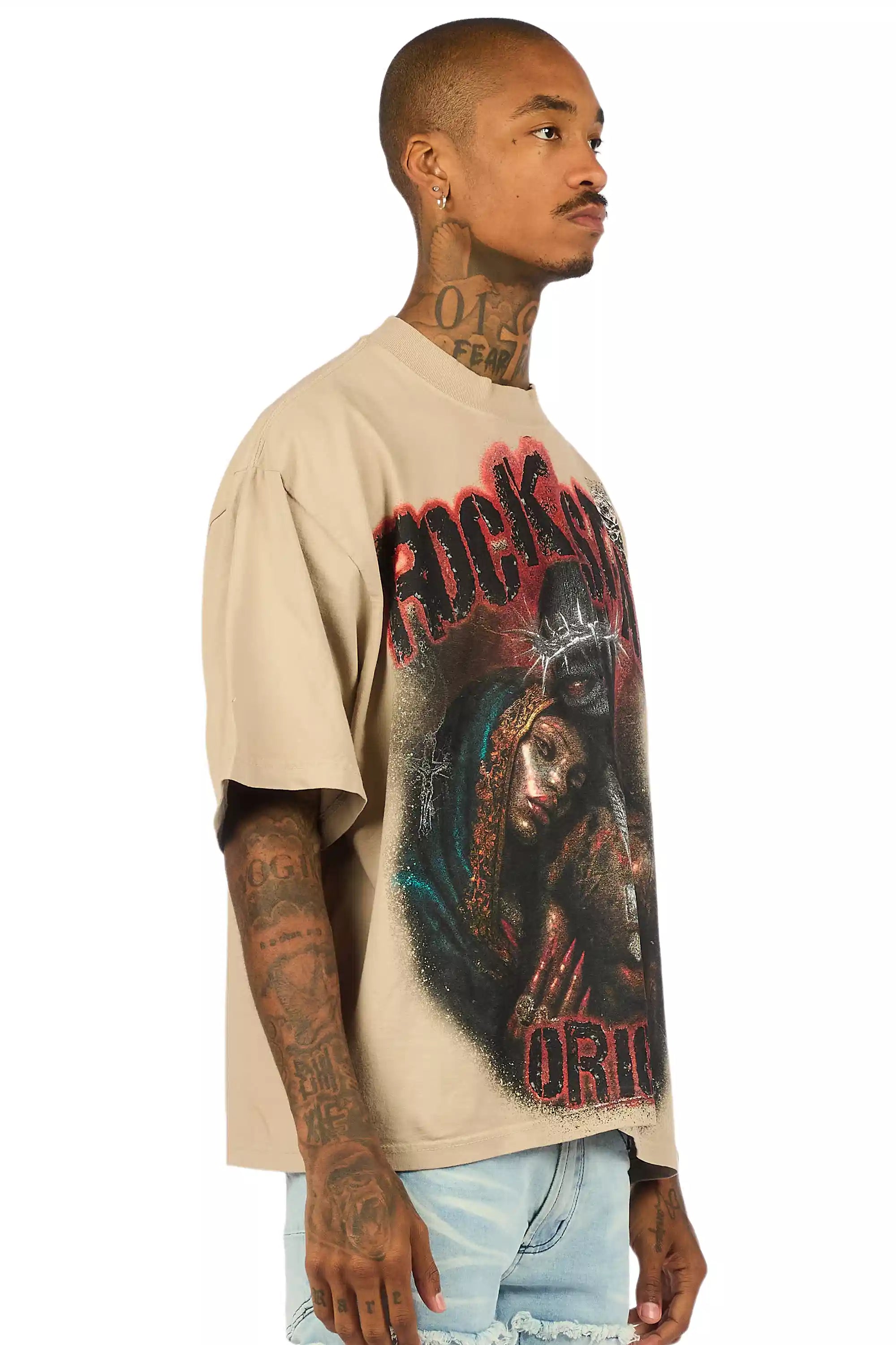 Rhydan Beige/Black Oversized Graphic T-Shirt