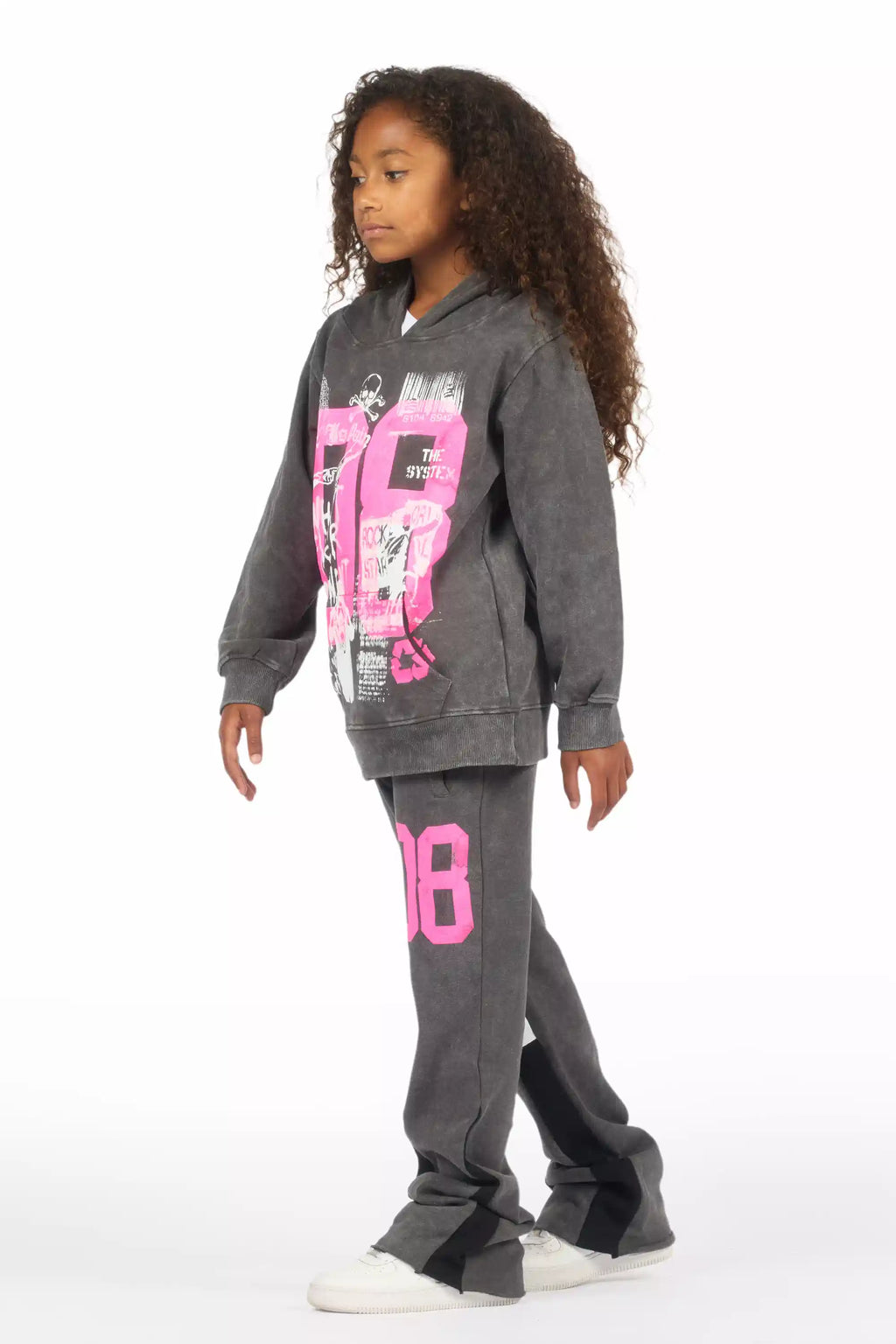 Girls Kammy Vintage Grey/Pink Hoodie Stacked Track Set