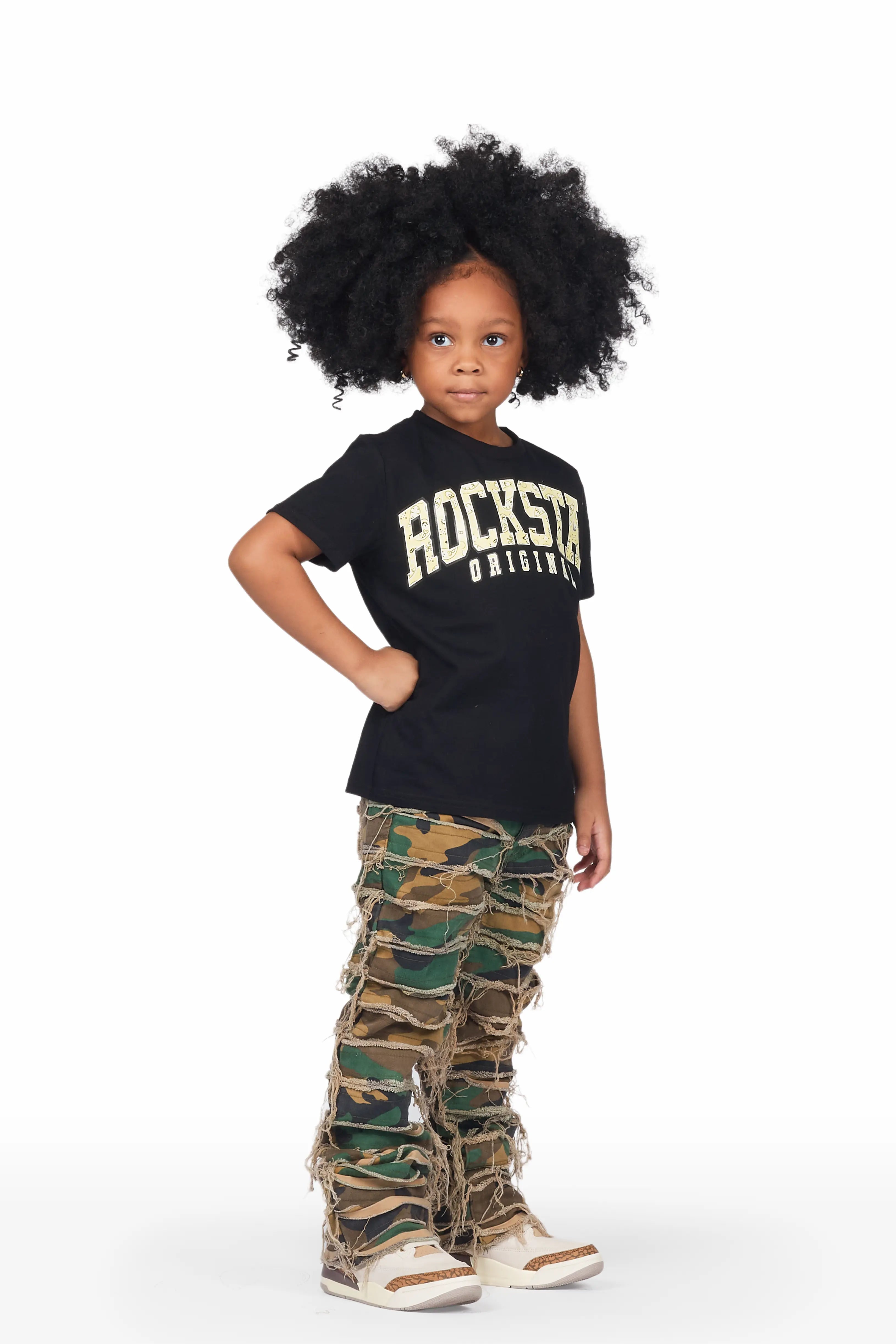 Girls Amelia Black/Camo T-Shirt/Stacked Flare Jean Set