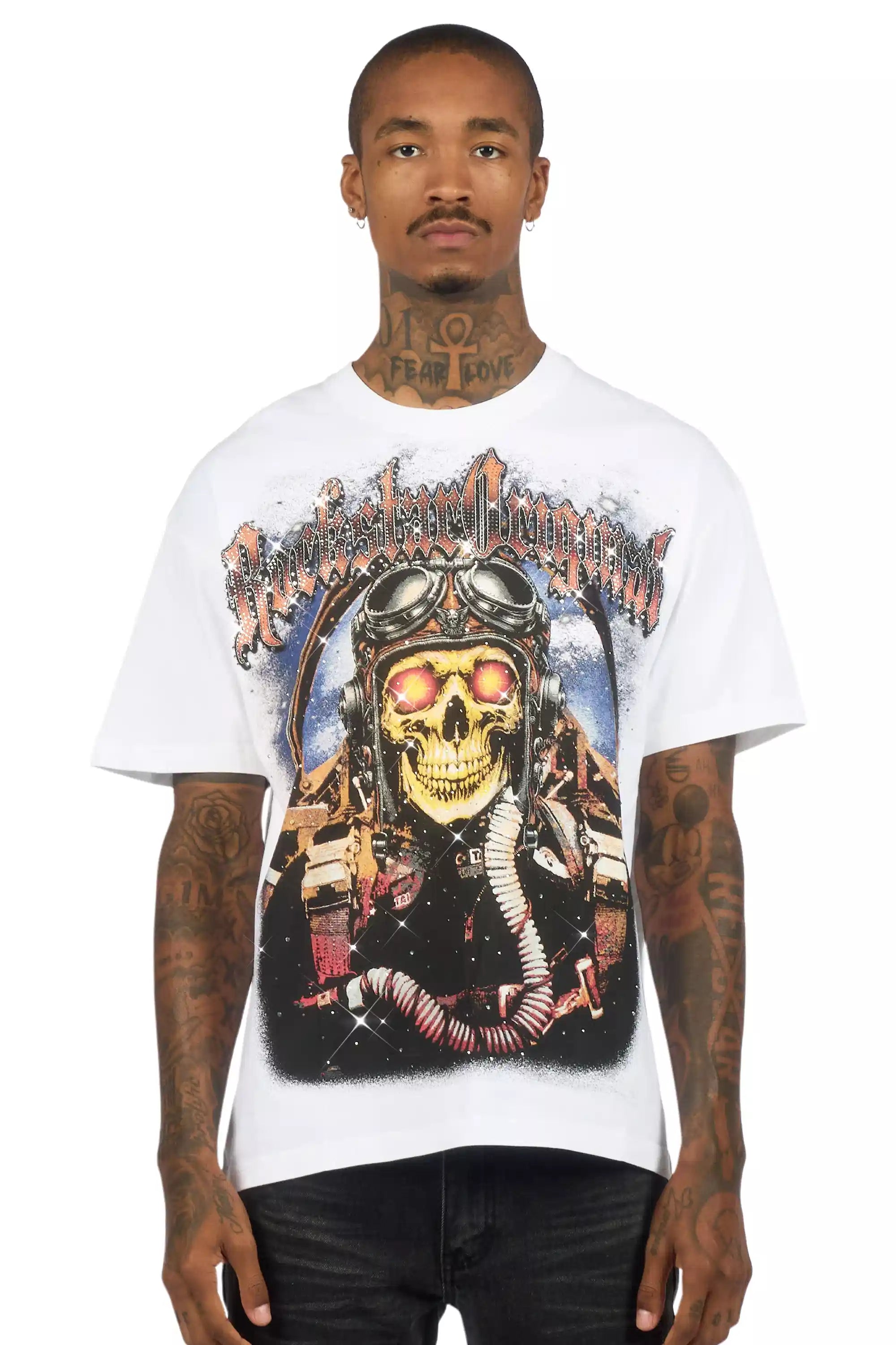 Airhart White Graphic Rhinestone T-Shirt