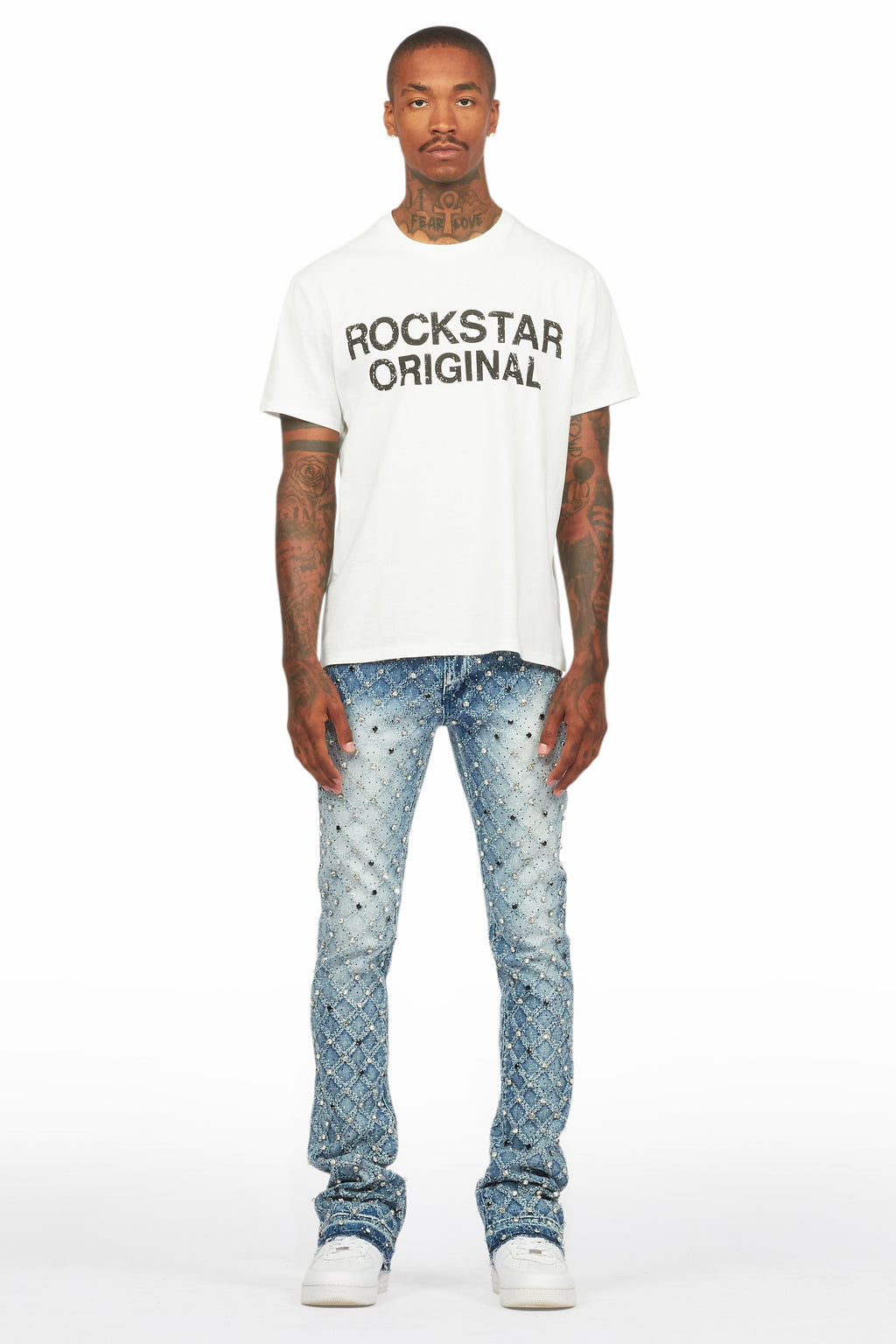 Glit Dark Blue Rhinestone Stacked Flare Jean