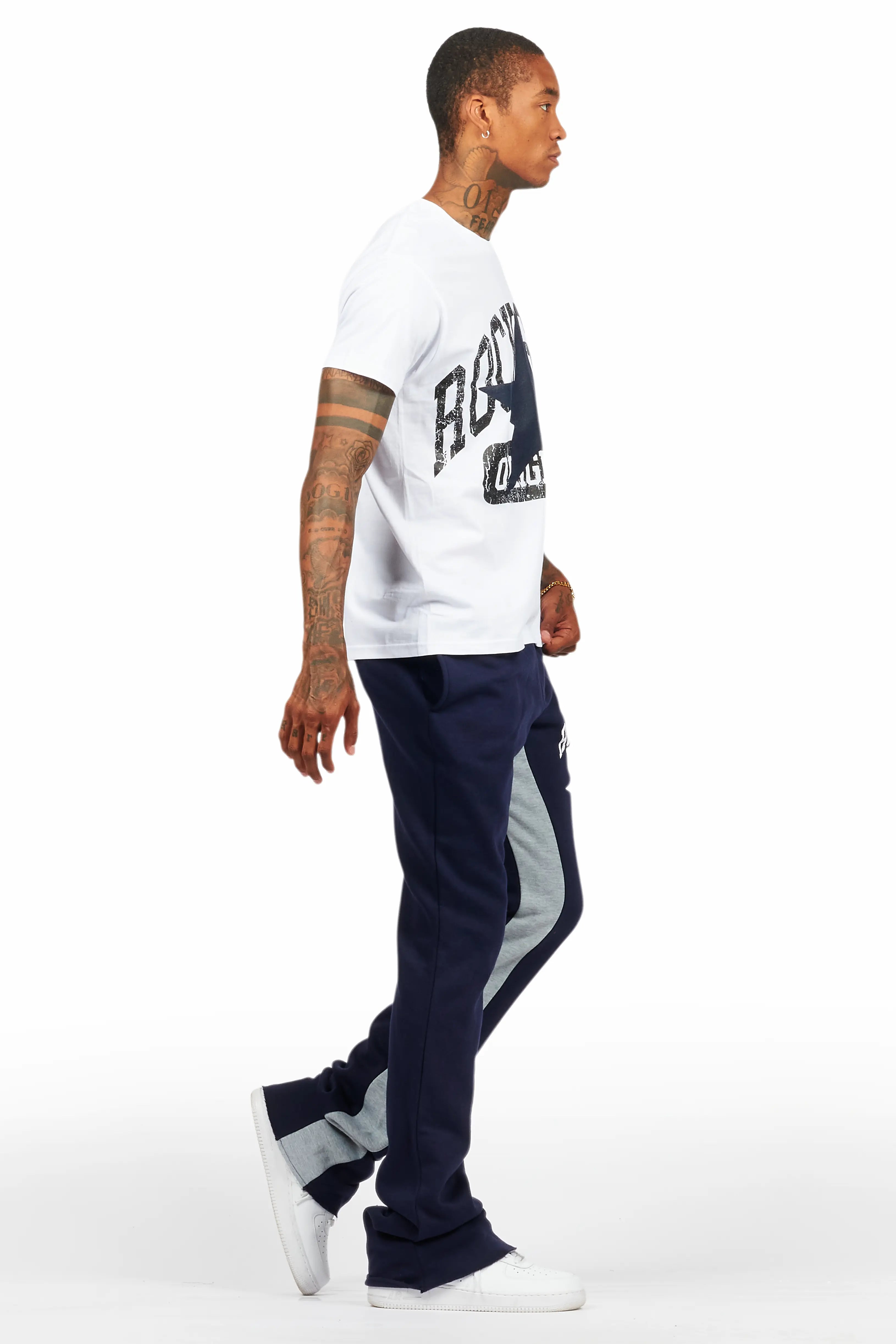 Mallor White/Navy T-Shirt/Stacked Baggy Track Pant Set